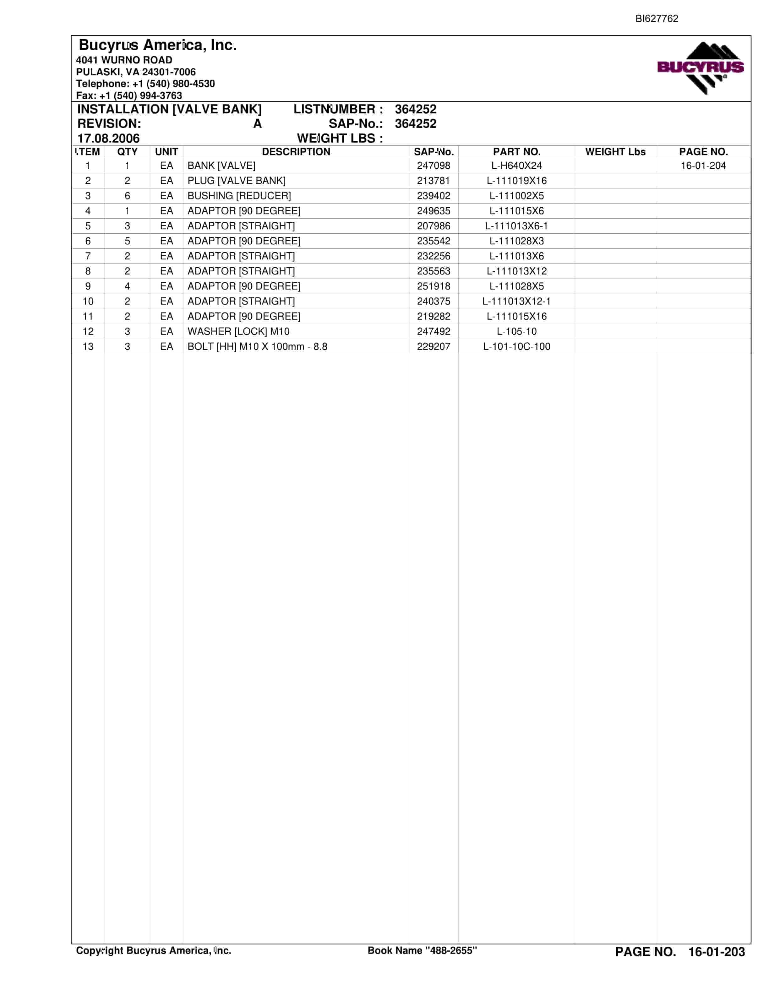 Bucyrus 488-2655 UN-A-TRAC Spare Parts List BI627762-2