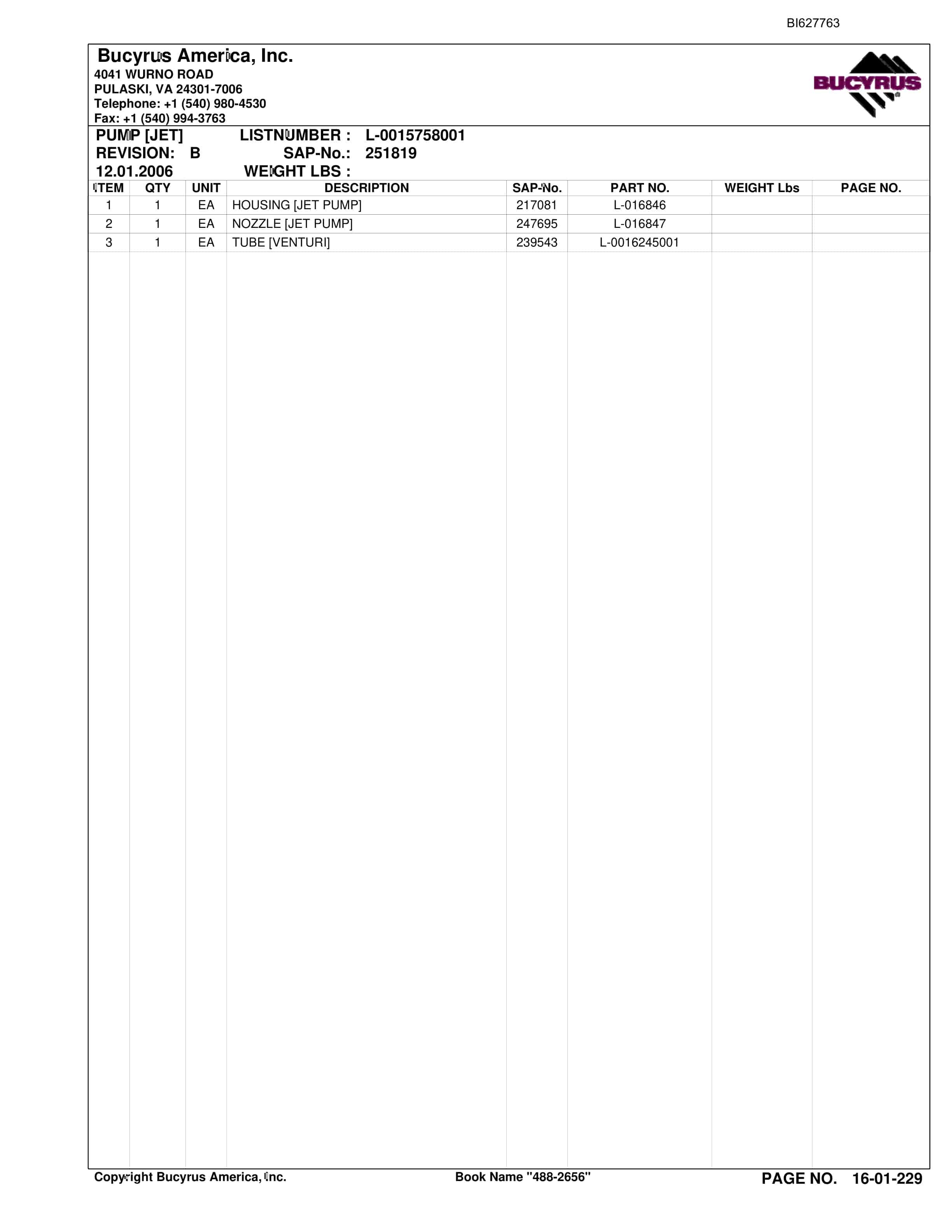 Bucyrus 488-2656 UN-A-TRAC Spare Parts List BI627763-4
