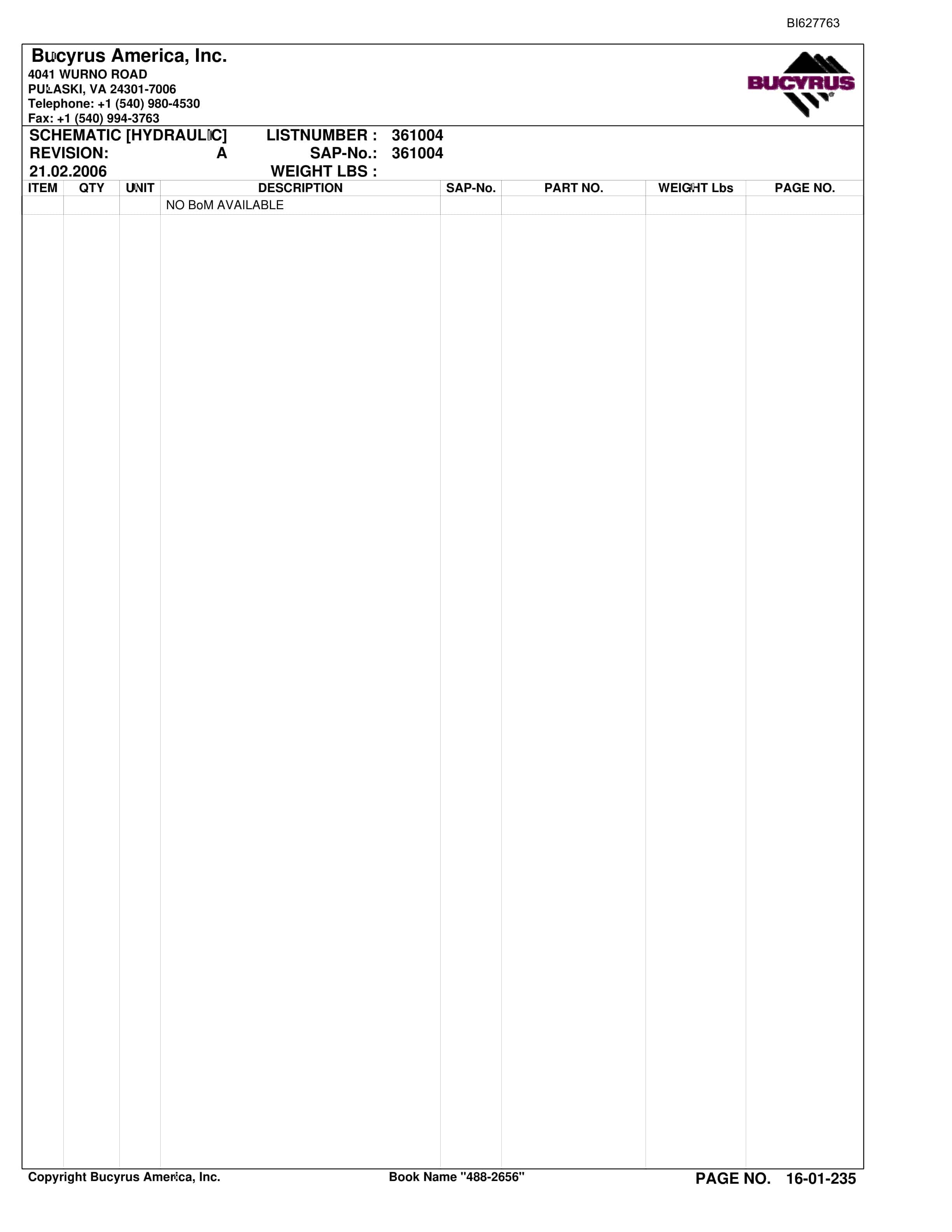 Bucyrus 488-2656 UN-A-TRAC Spare Parts List BI627763-5