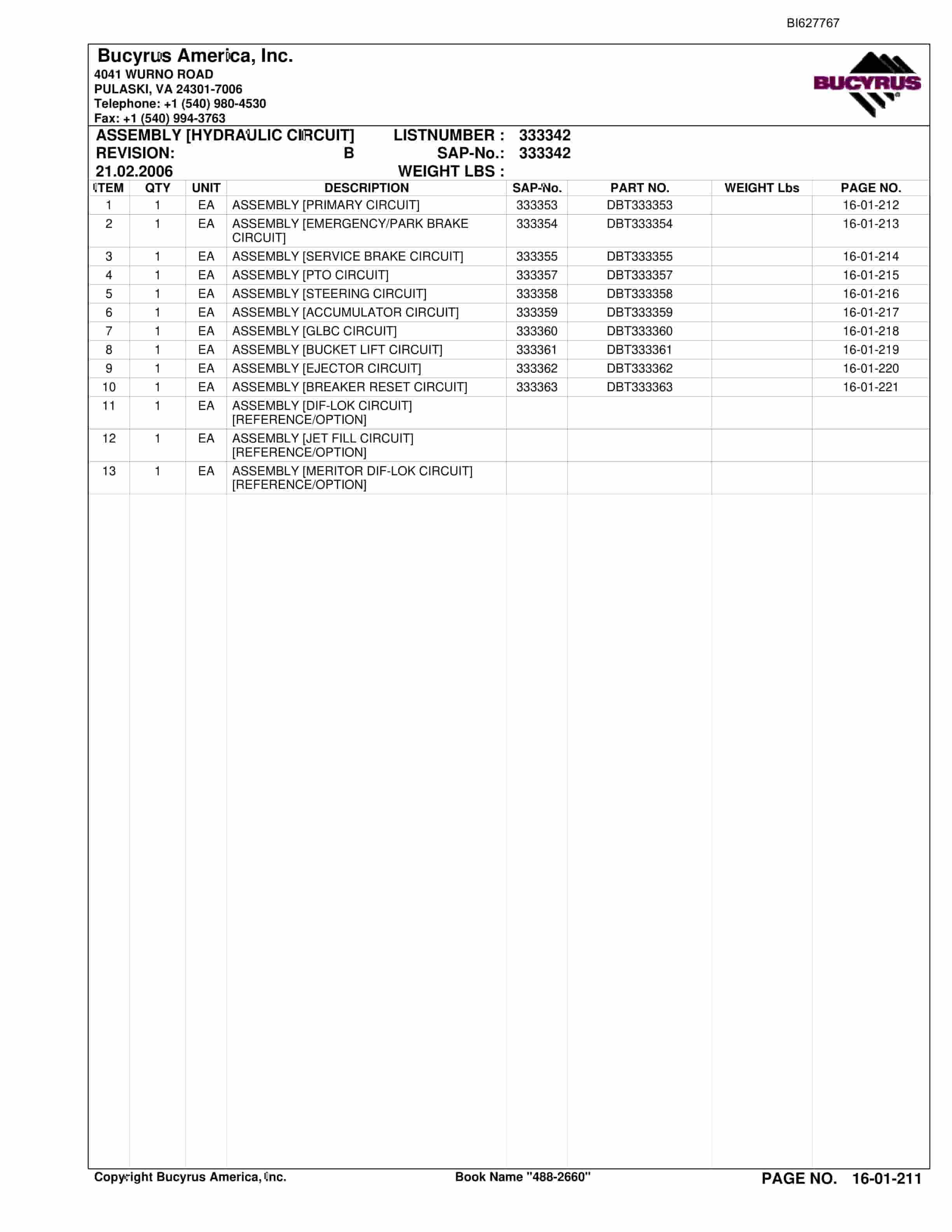 Bucyrus 488-2660 UN-A-TRAC Spare Parts List BI627767-3