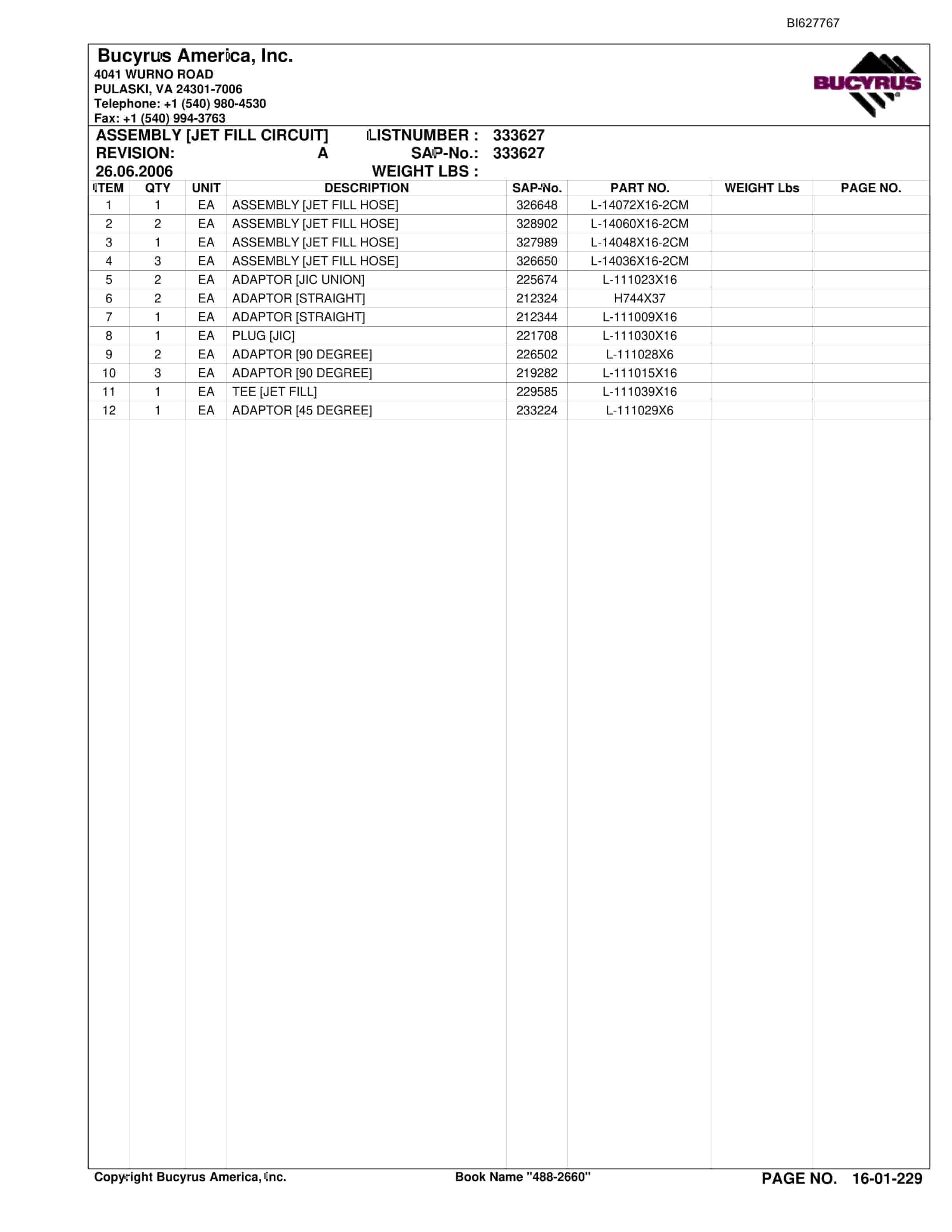 Bucyrus 488-2660 UN-A-TRAC Spare Parts List BI627767-5