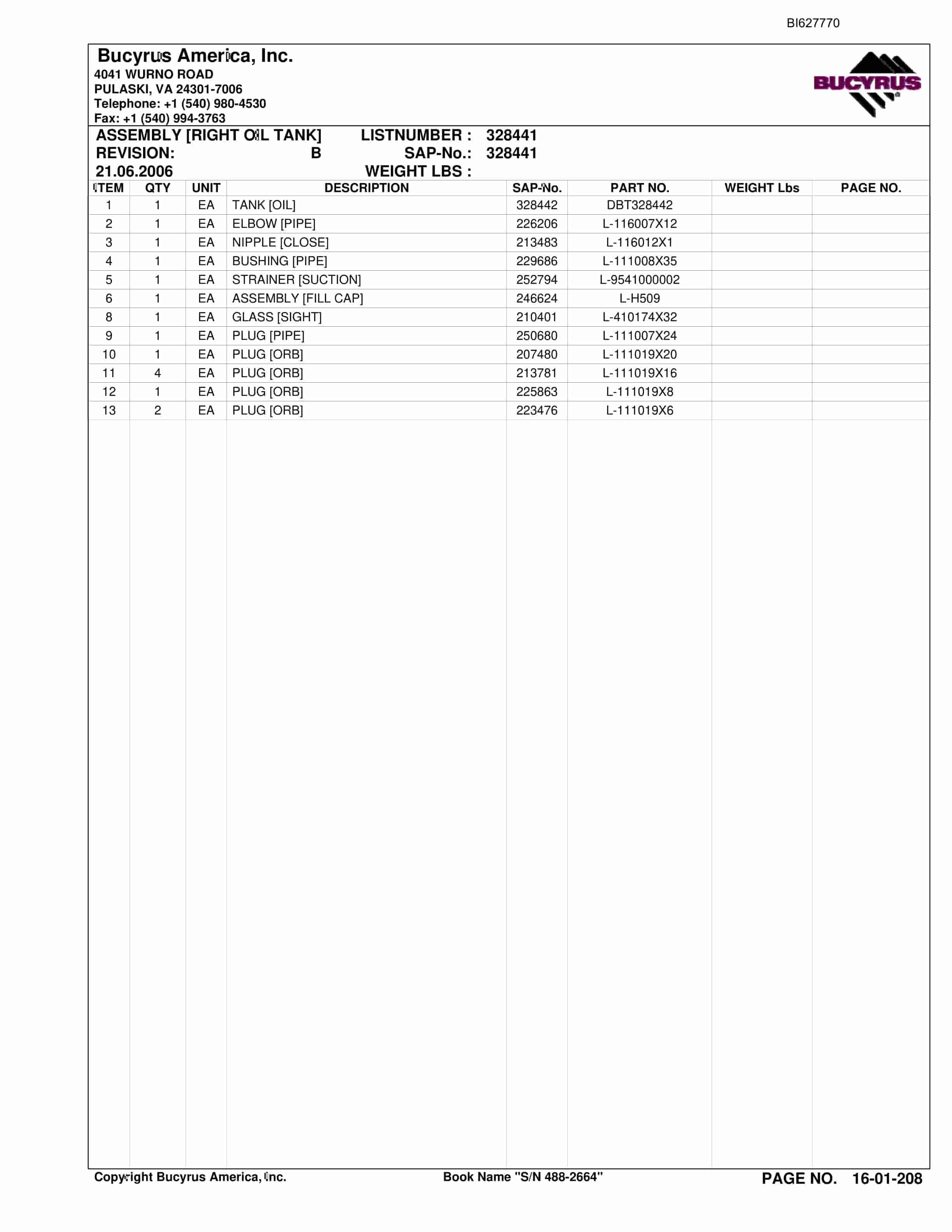 Bucyrus 488-2664 UN-A-TRAC Spare Parts List BI627770-5