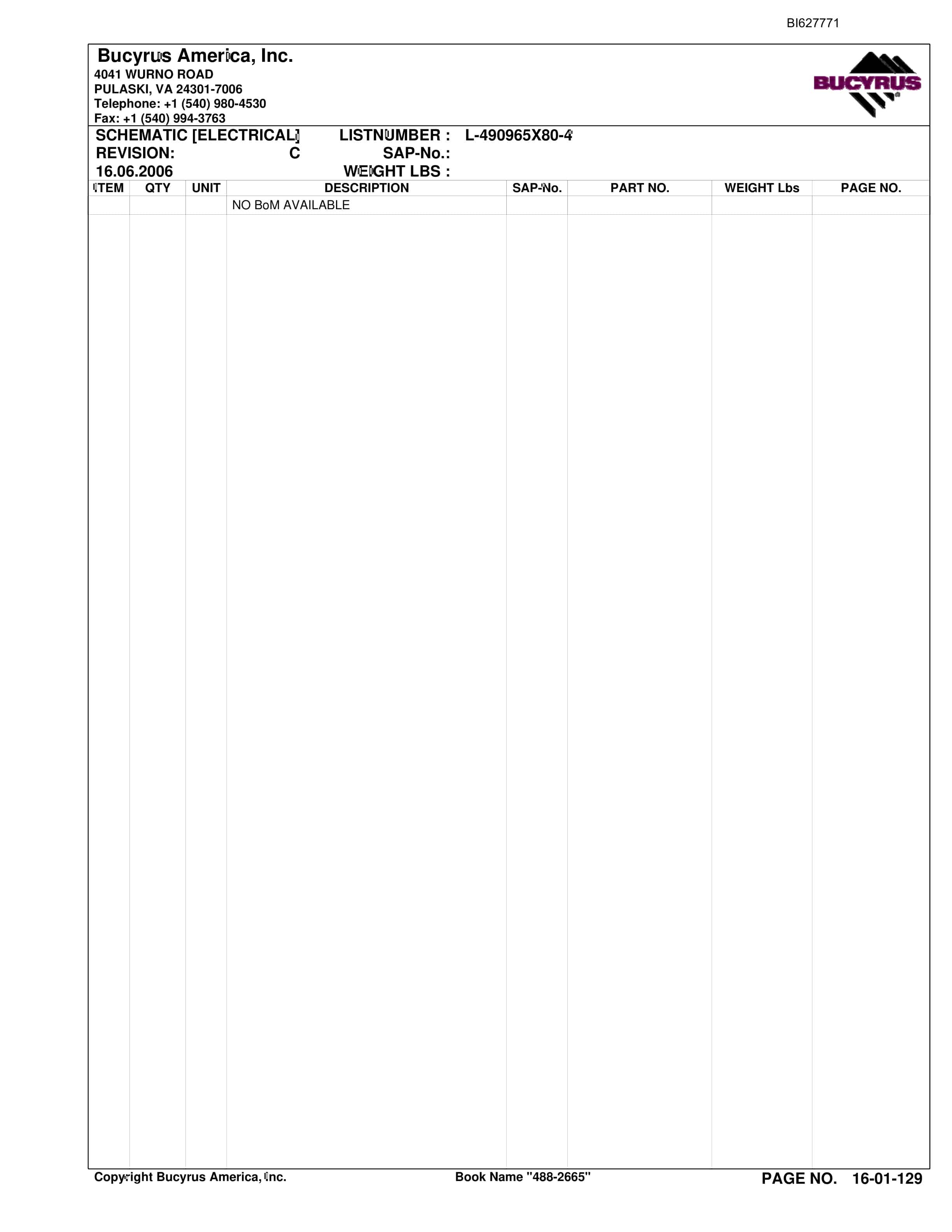 Bucyrus 488-2665 UN-A-TRAC Spare Parts List BI627771-3