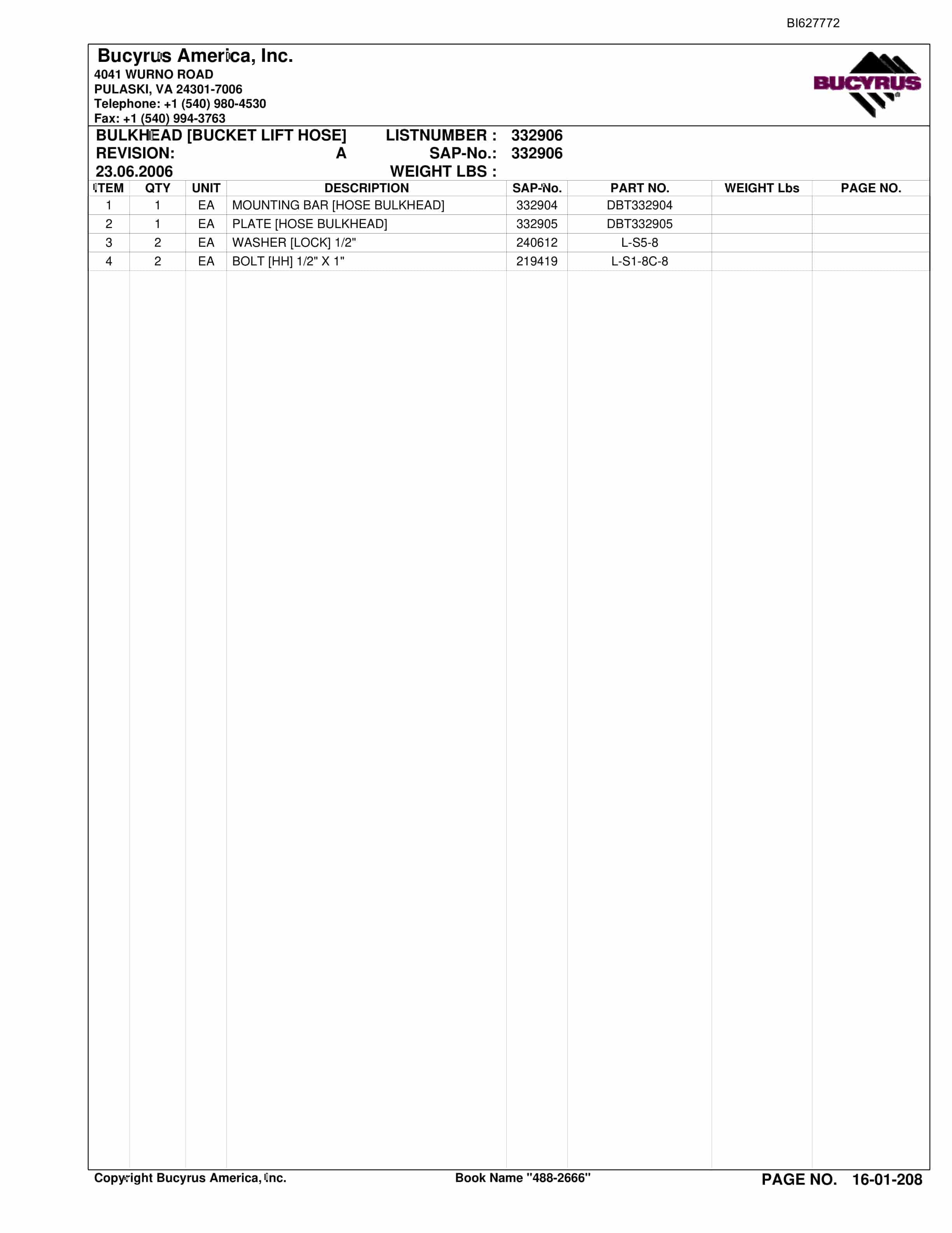 Bucyrus 488-2666 UN-A-TRAC Spare Parts List BI627772-4