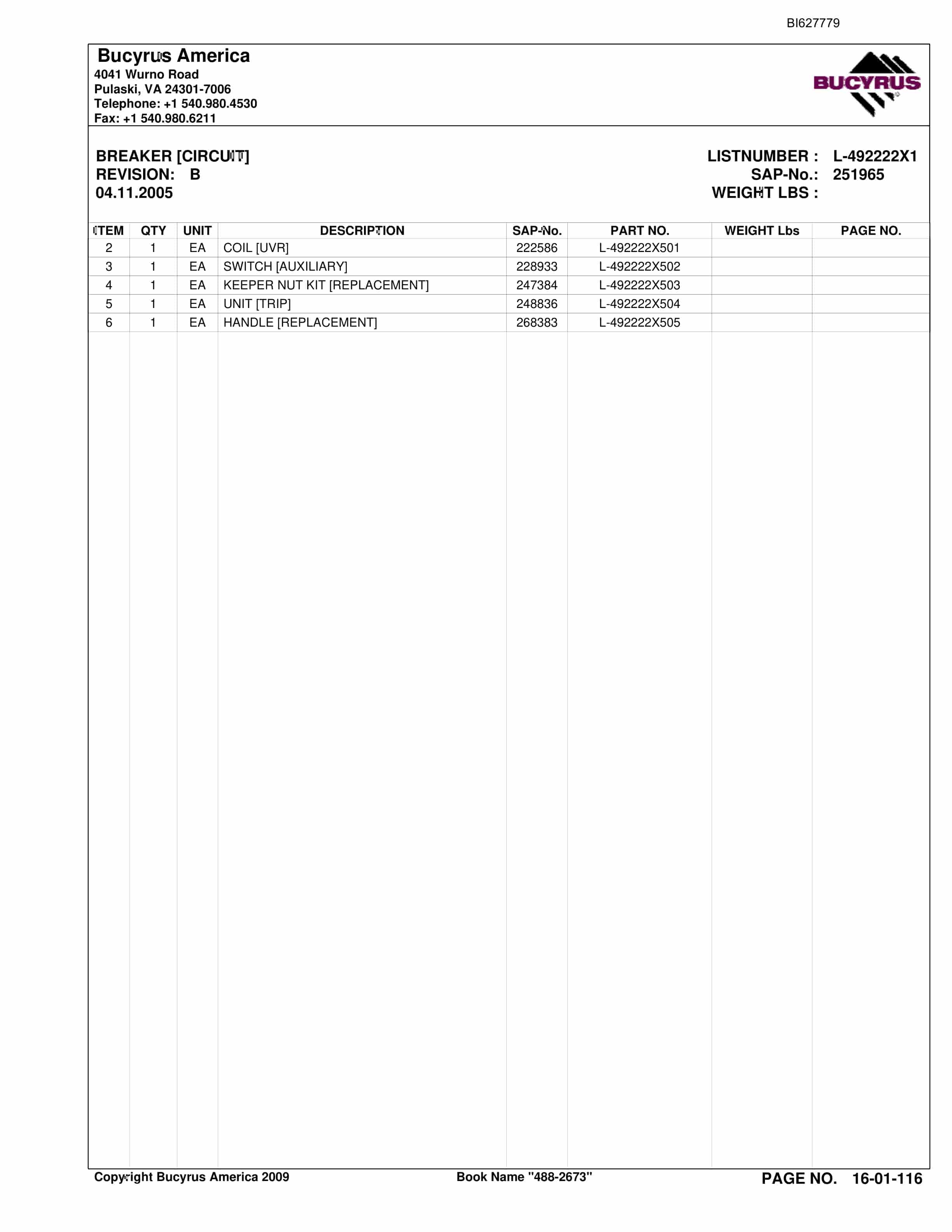 Bucyrus 488-2673 UN-A-TRAC Spare Parts List BI627779-2