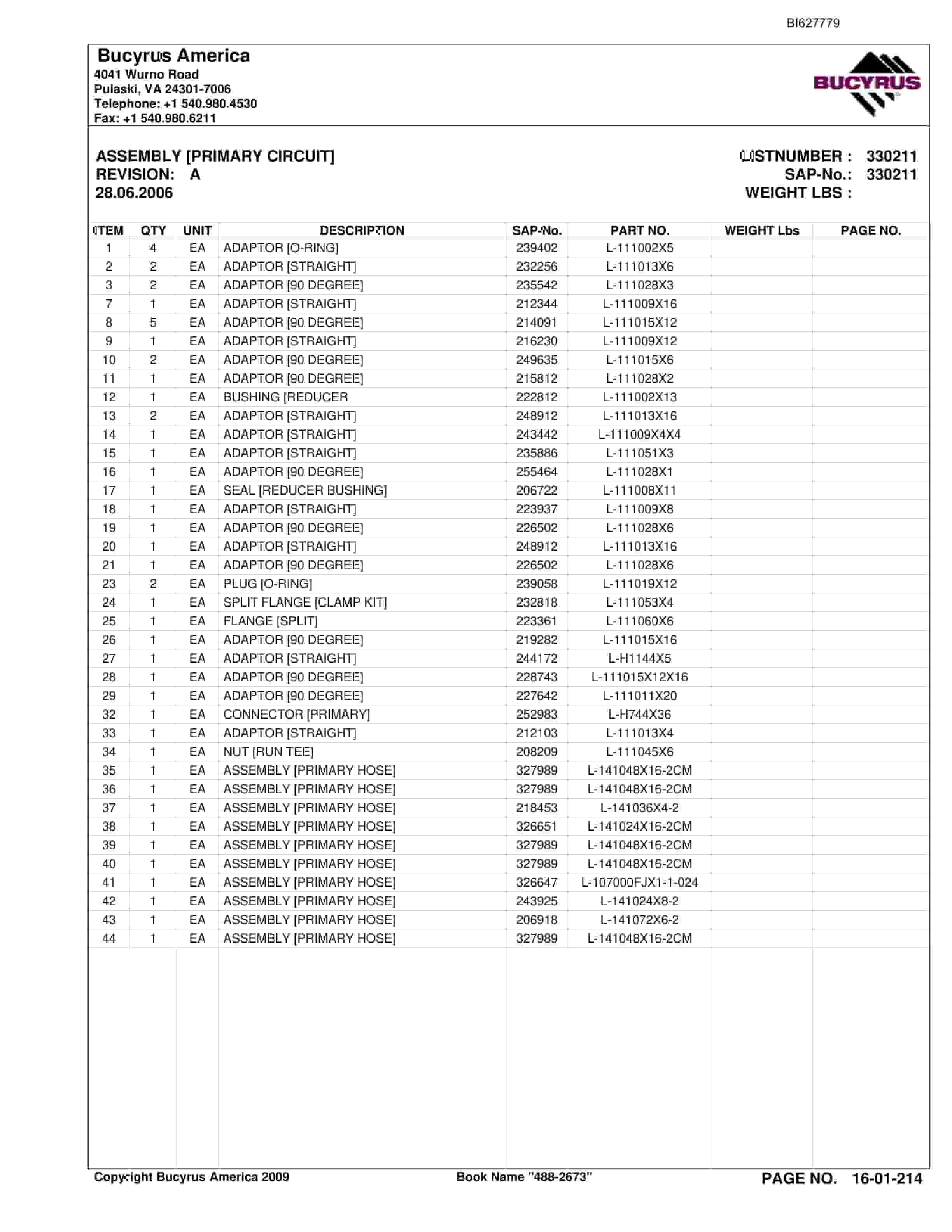 Bucyrus 488-2673 UN-A-TRAC Spare Parts List BI627779-4