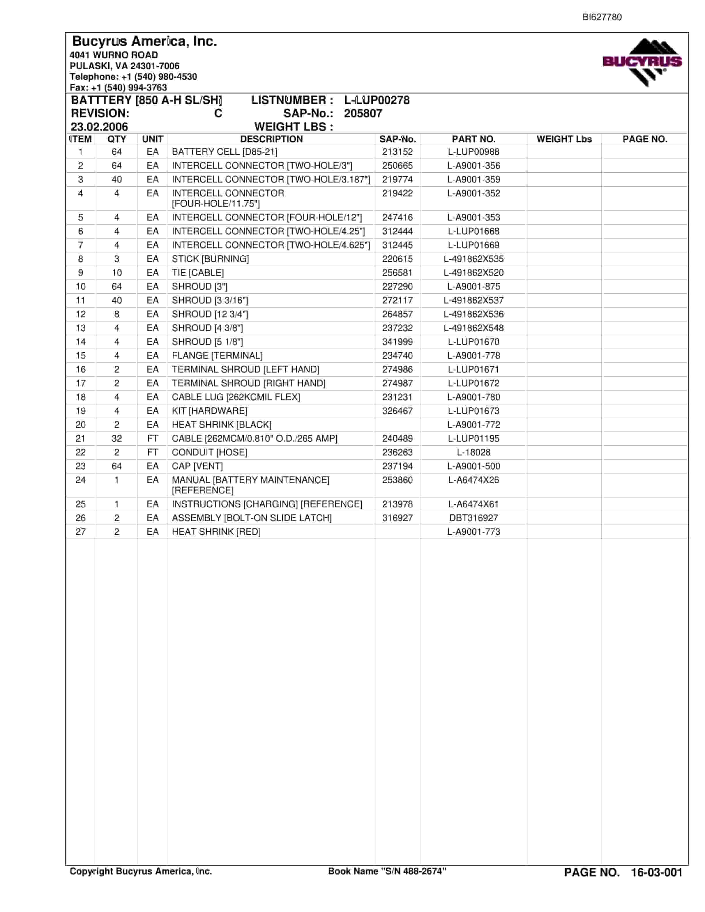 Bucyrus 488-2674 UN-A-TRAC Spare Parts List BI627780-5