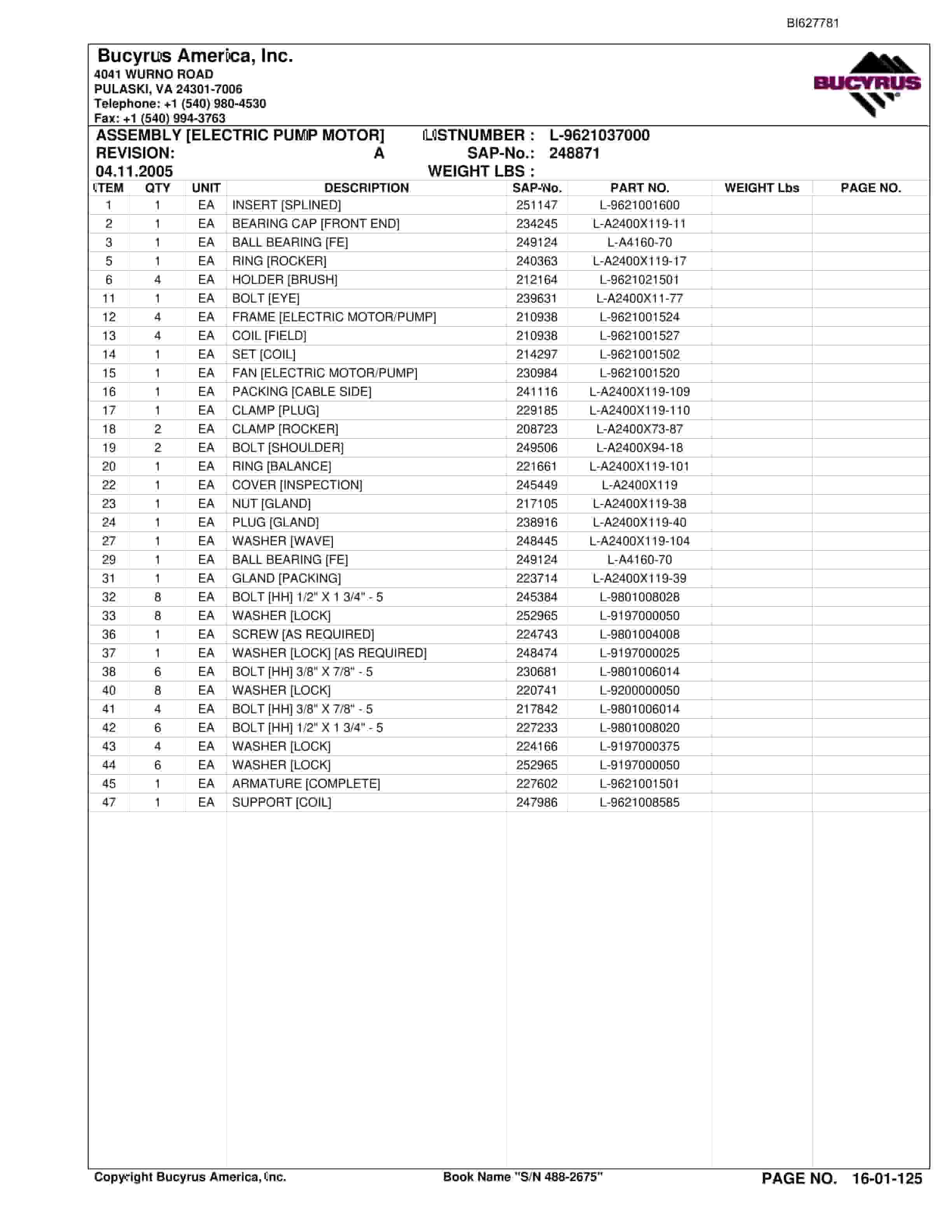 Bucyrus 488-2675 UN-A-TRAC Spare Parts List BI627781-2