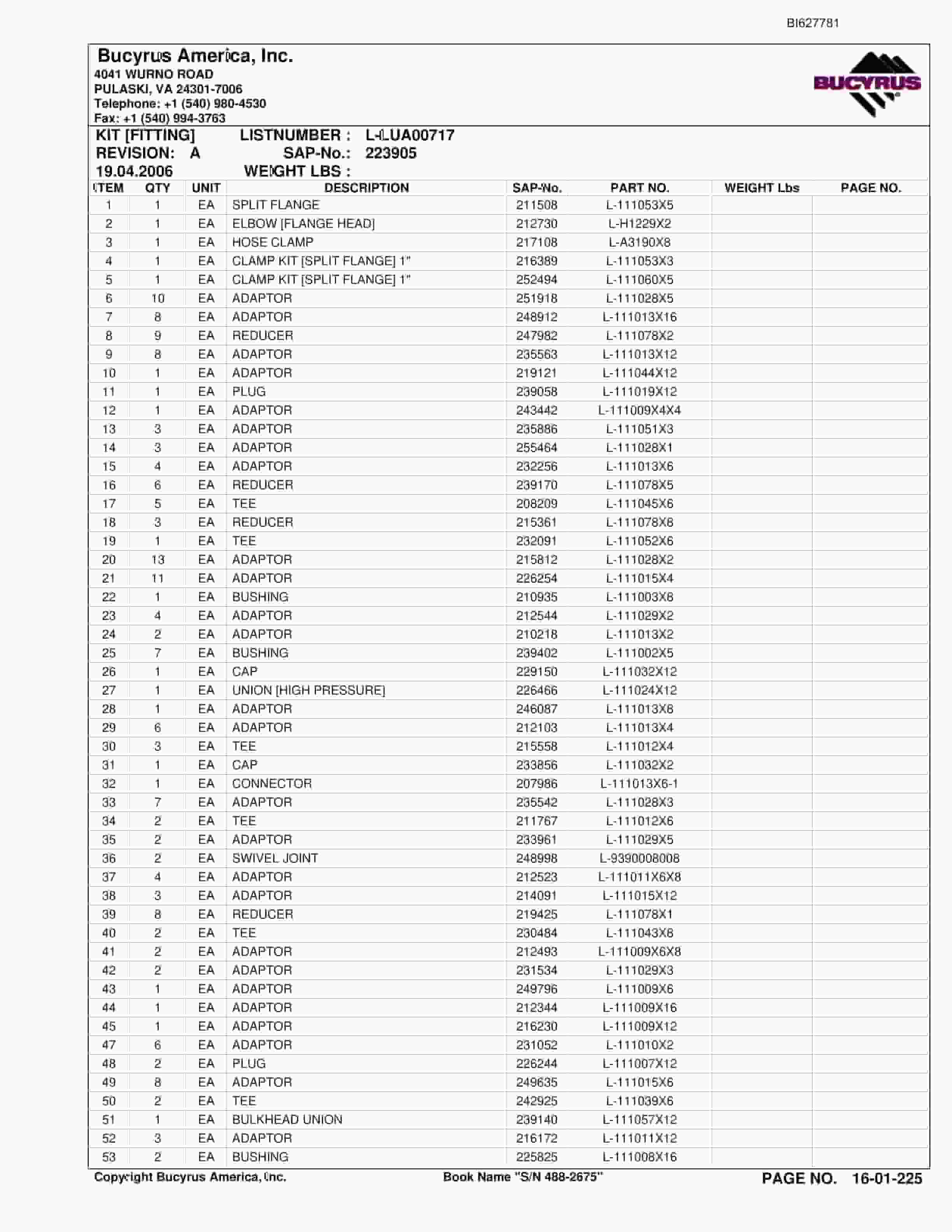 Bucyrus 488-2675 UN-A-TRAC Spare Parts List BI627781-4