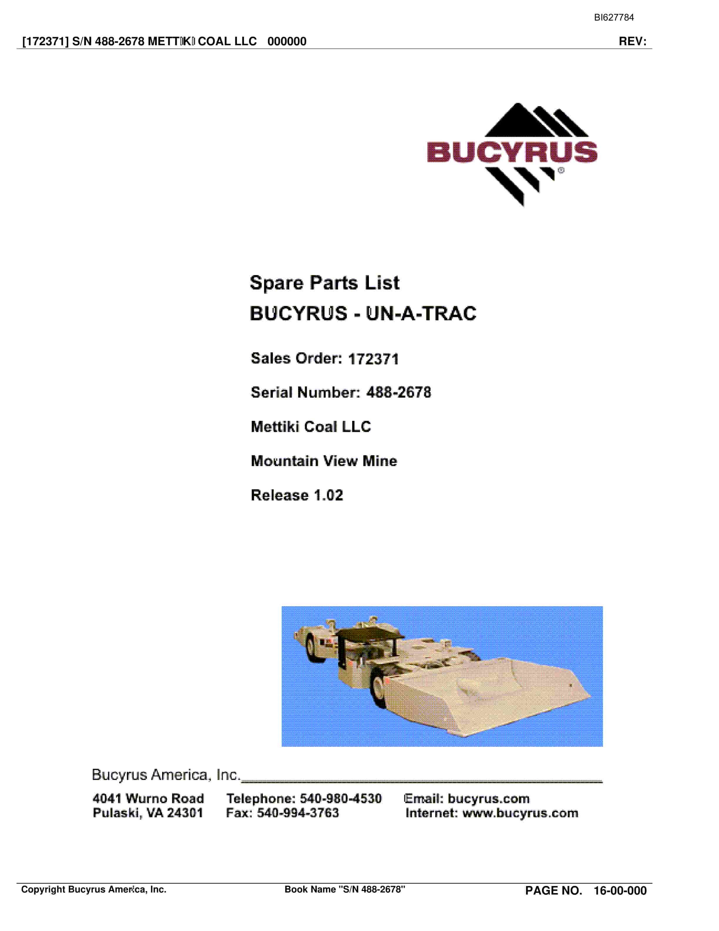 Bucyrus 488-2678 UN-A-TRAC Spare Parts List BI627784
