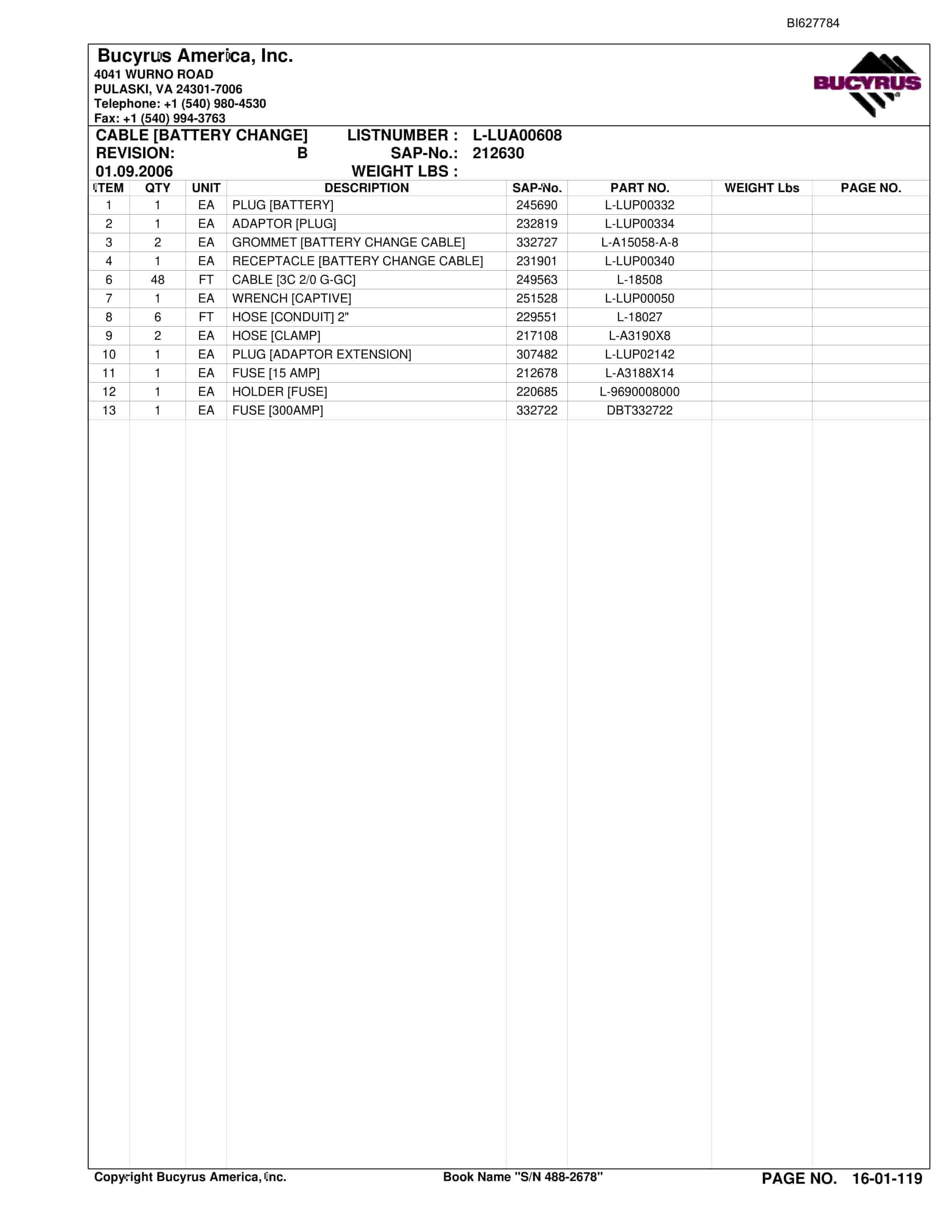 Bucyrus 488-2678 UN-A-TRAC Spare Parts List BI627784-2