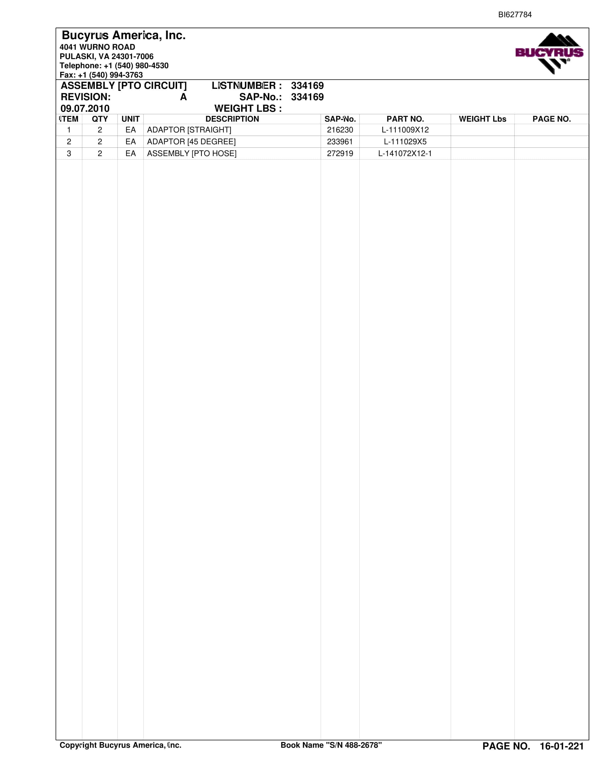 Bucyrus 488-2678 UN-A-TRAC Spare Parts List BI627784-4