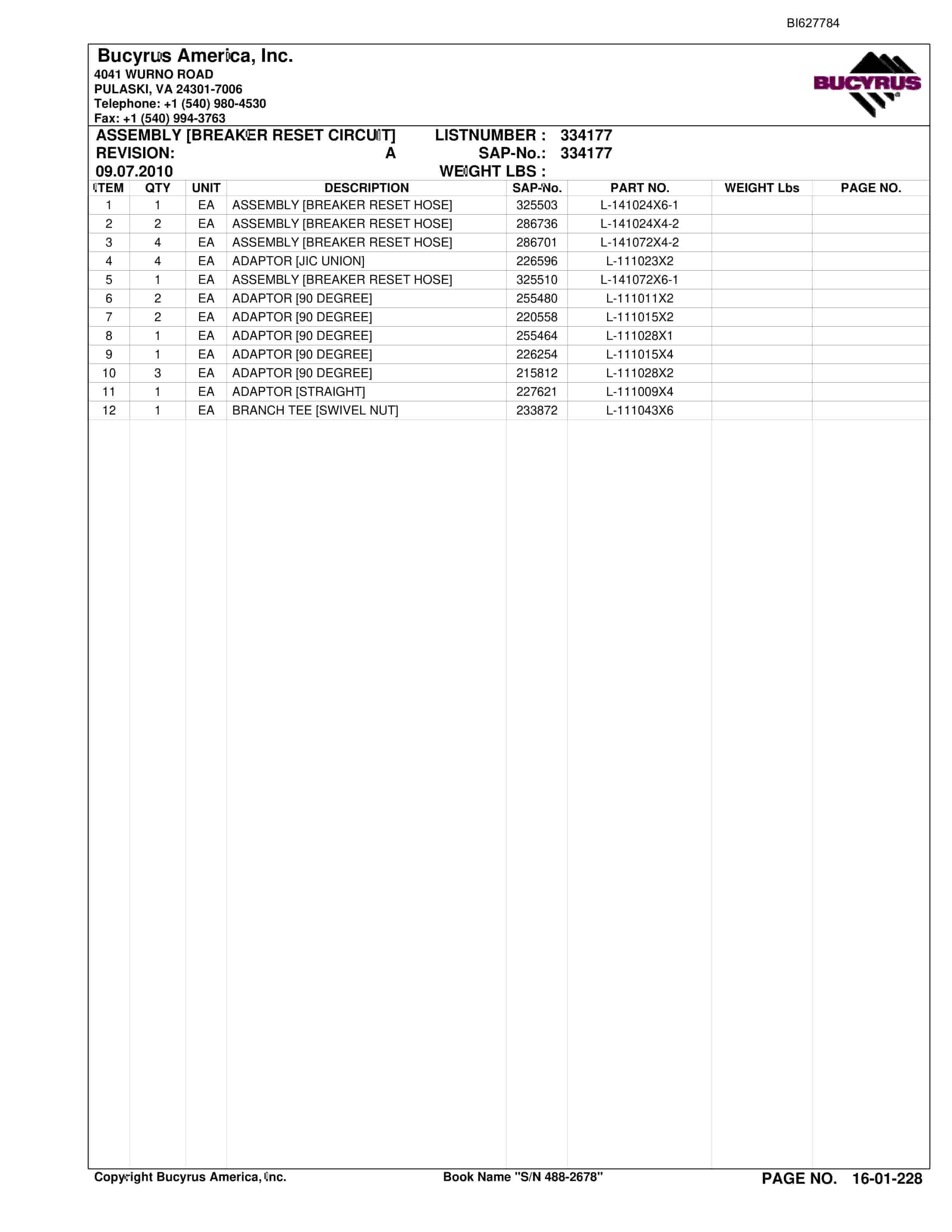 Bucyrus 488-2678 UN-A-TRAC Spare Parts List BI627784-5