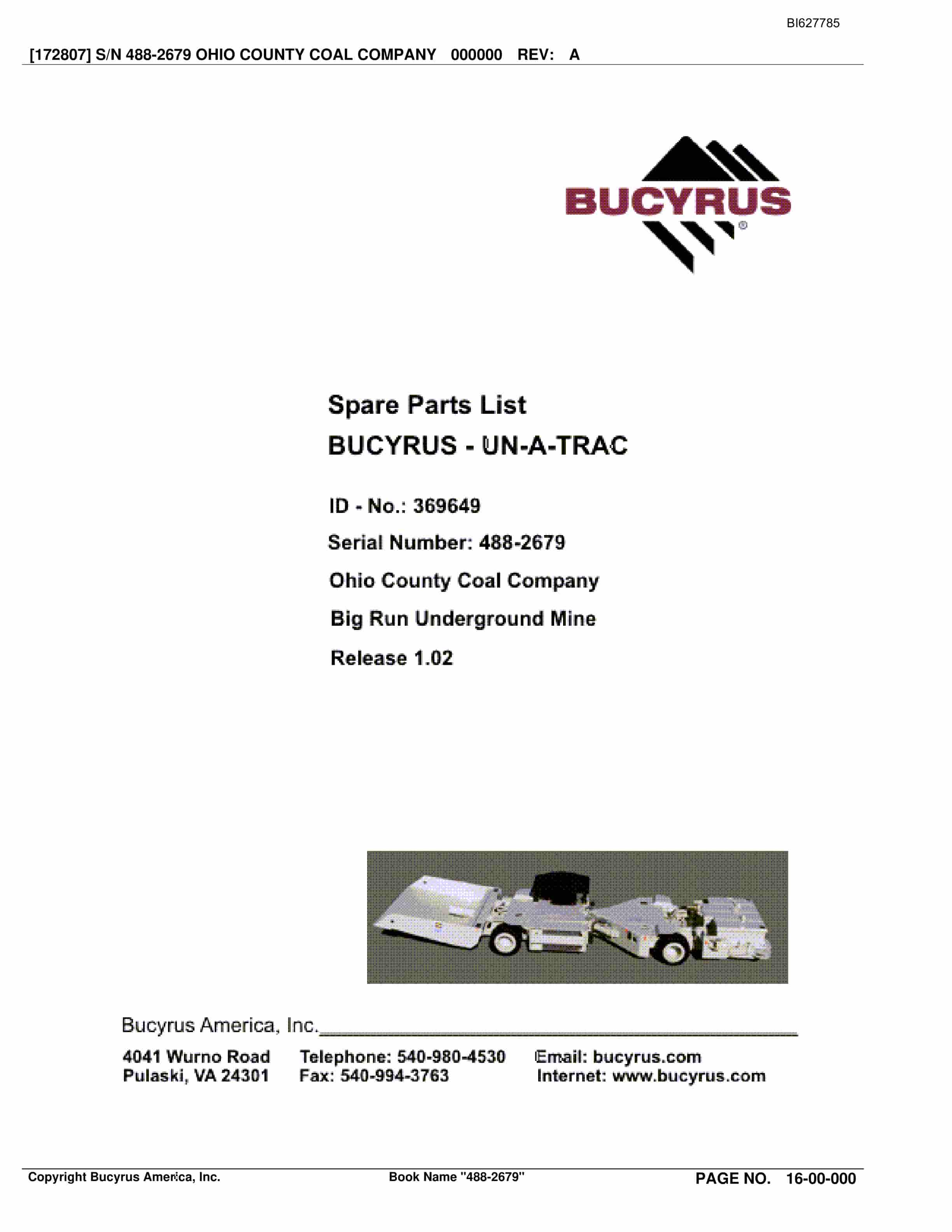 Bucyrus 488-2679 UN-A-TRAC Spare Parts List BI627785