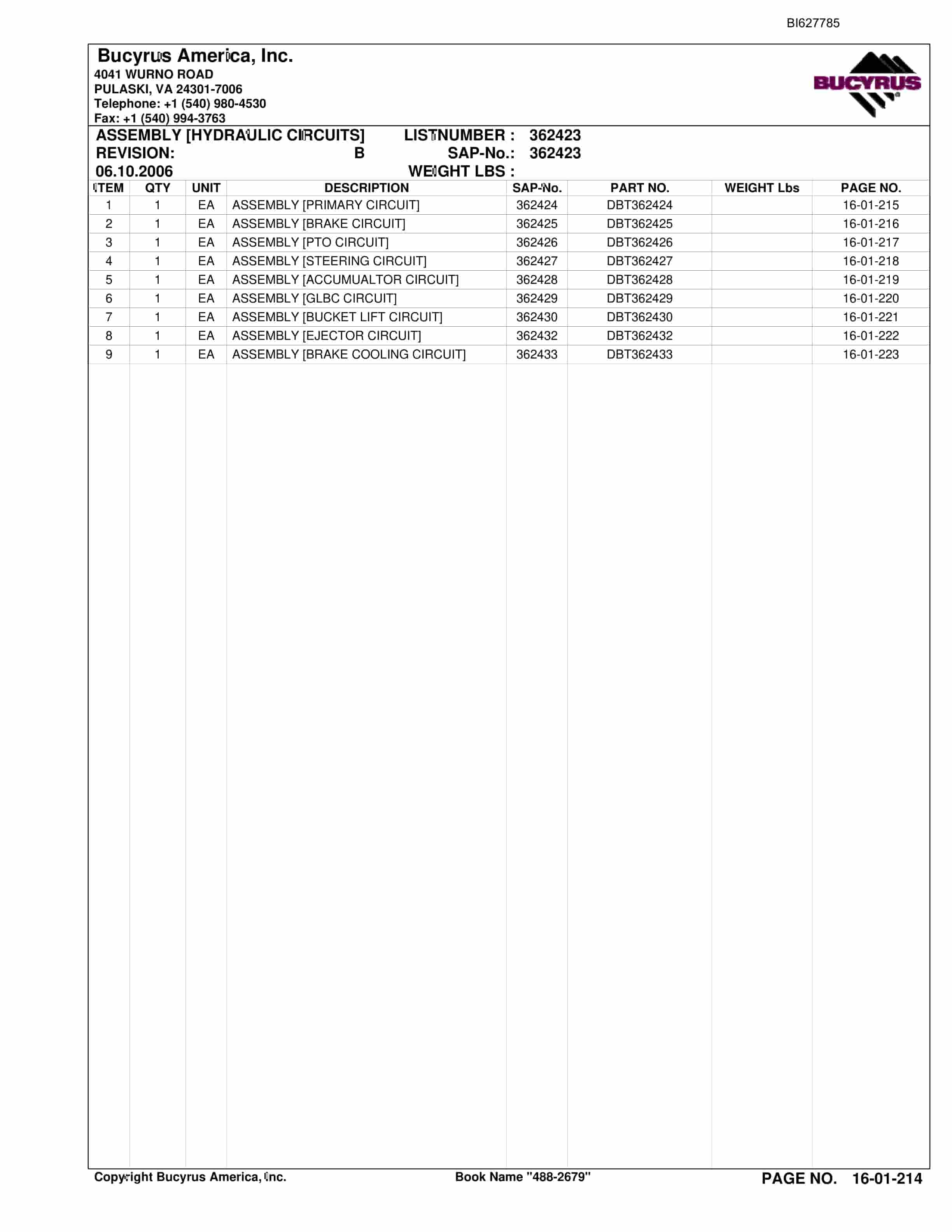 Bucyrus 488-2679 UN-A-TRAC Spare Parts List BI627785-3
