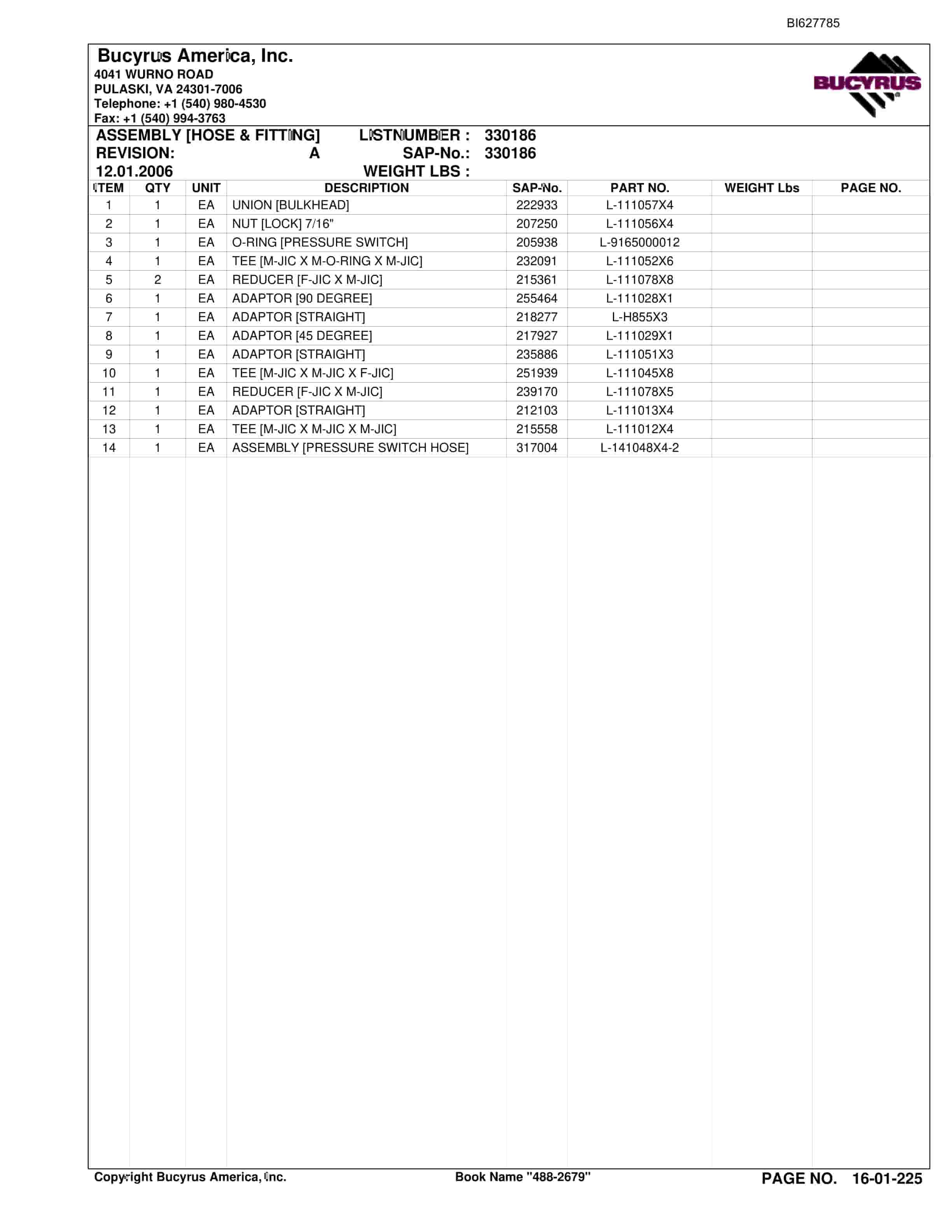 Bucyrus 488-2679 UN-A-TRAC Spare Parts List BI627785-4