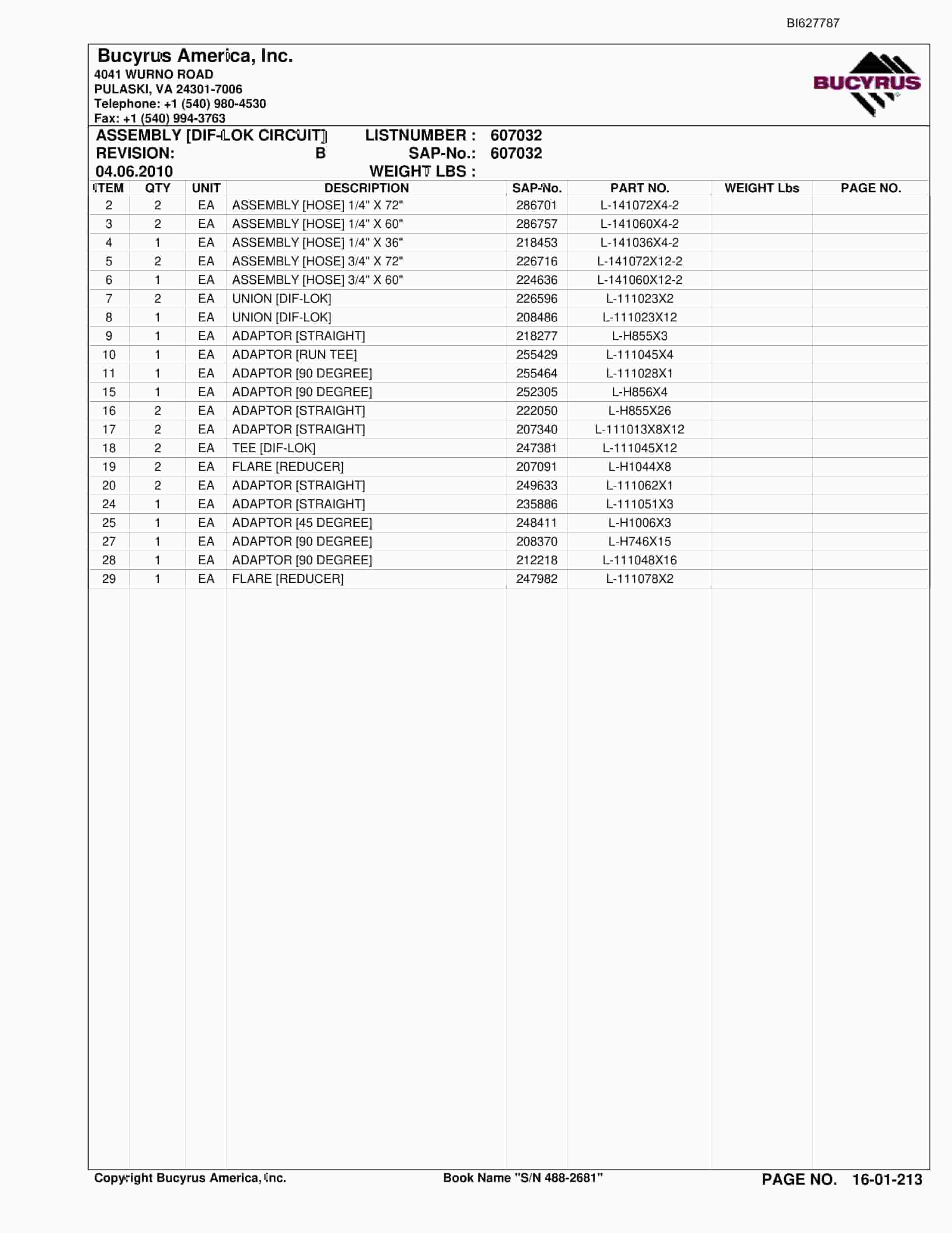 Bucyrus 488-2681 UN-A-TRAC Spare Parts List BI627787-4