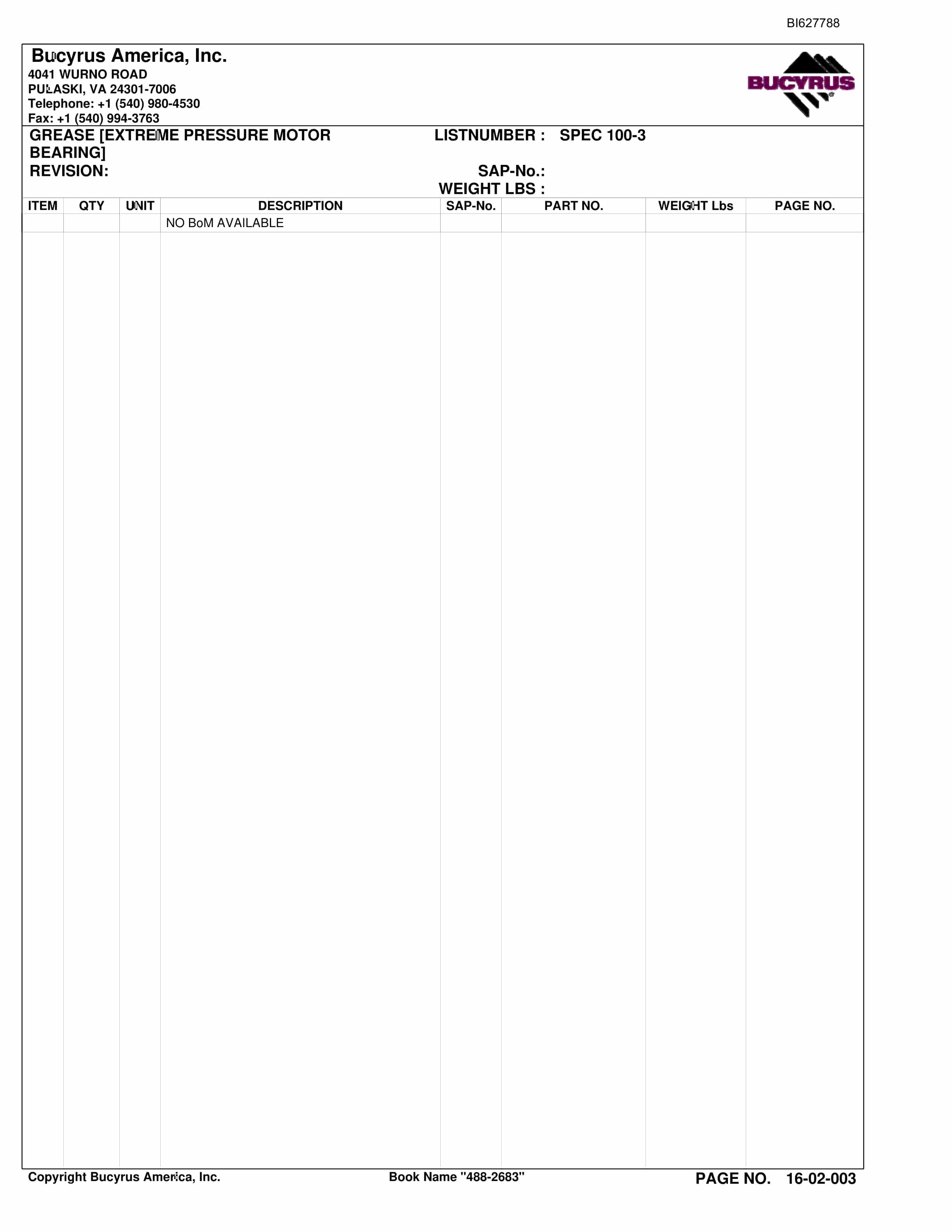 Bucyrus 488-2683 UN-A-TRAC Spare Parts List BI627788-5