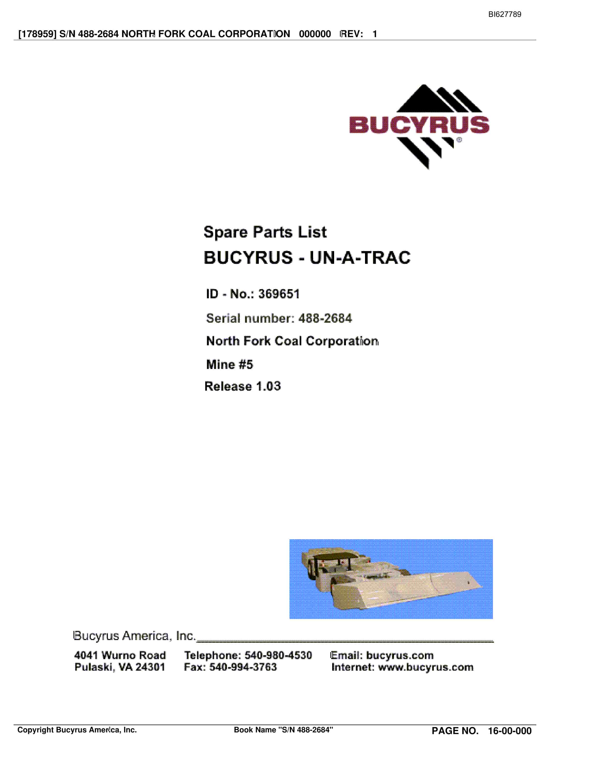 Bucyrus 488-2684 UN-A-TRAC Spare Parts List BI627789