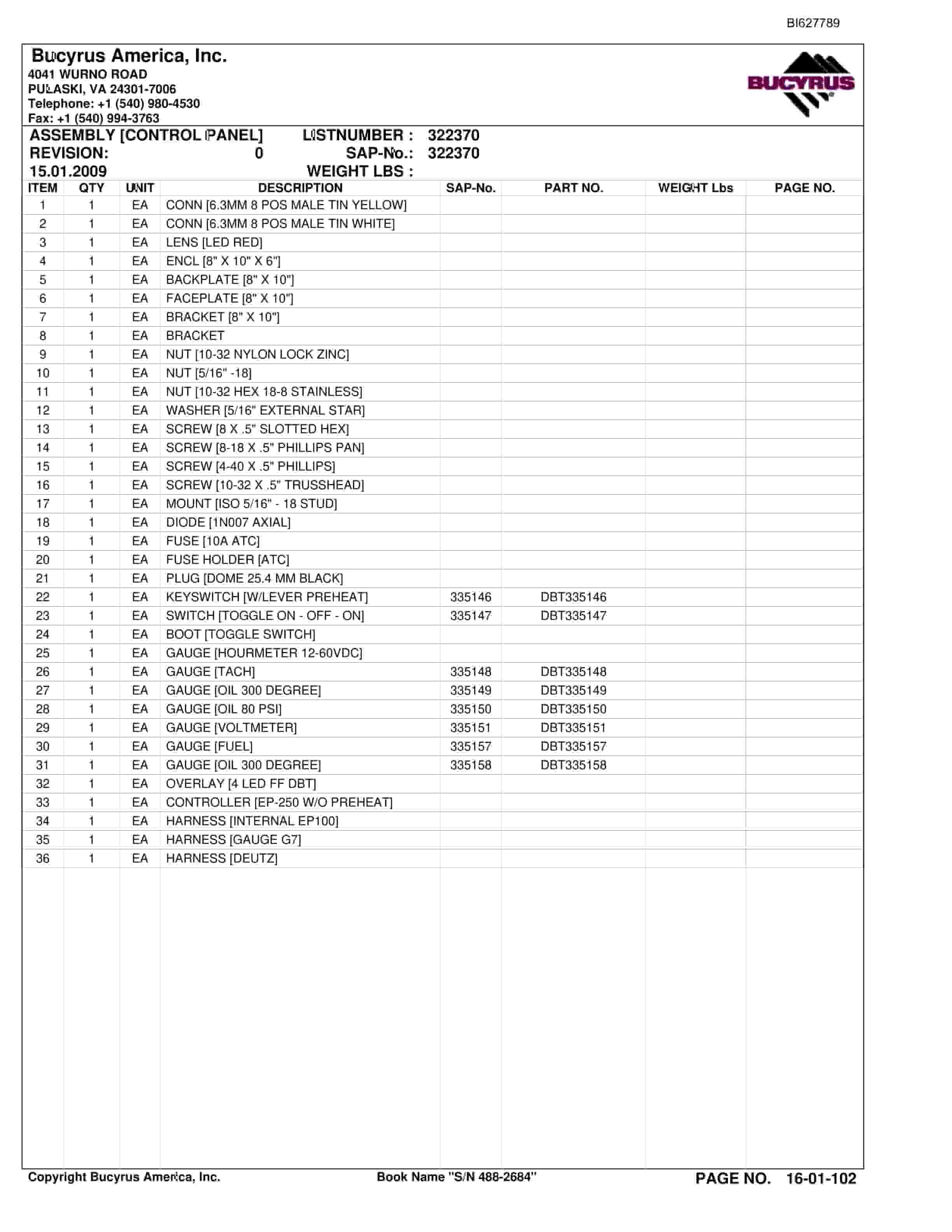 Bucyrus 488-2684 UN-A-TRAC Spare Parts List BI627789-2