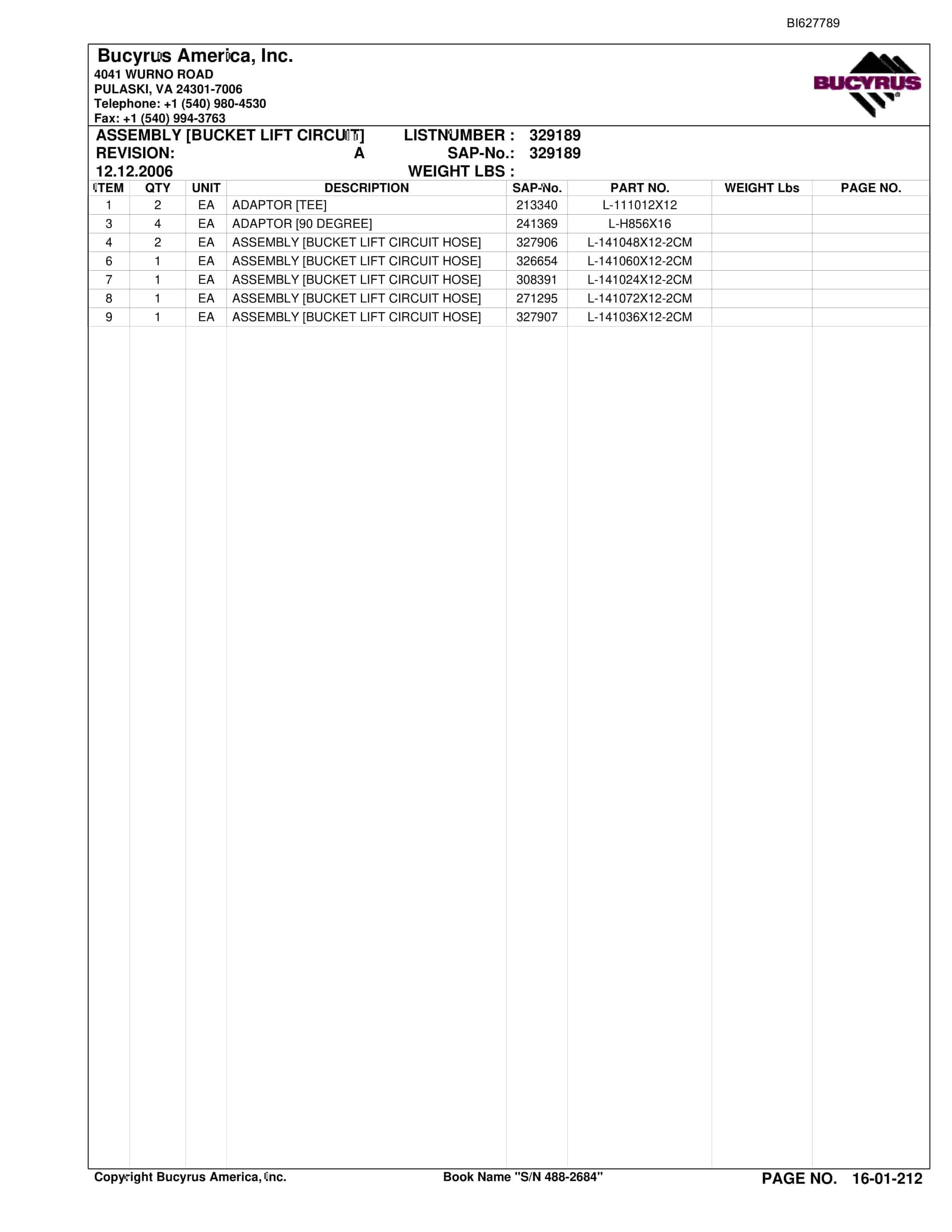 Bucyrus 488-2684 UN-A-TRAC Spare Parts List BI627789-3