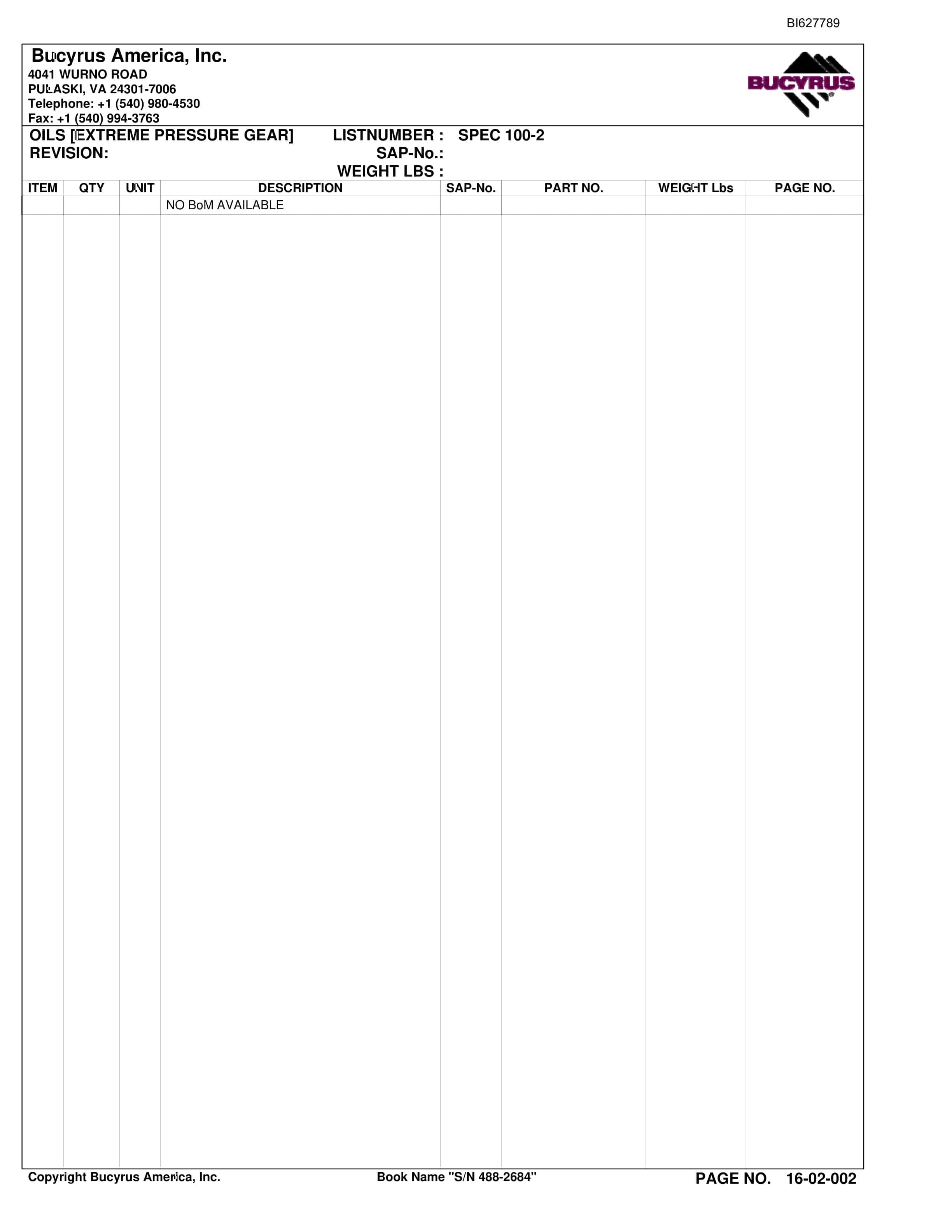 Bucyrus 488-2684 UN-A-TRAC Spare Parts List BI627789-5