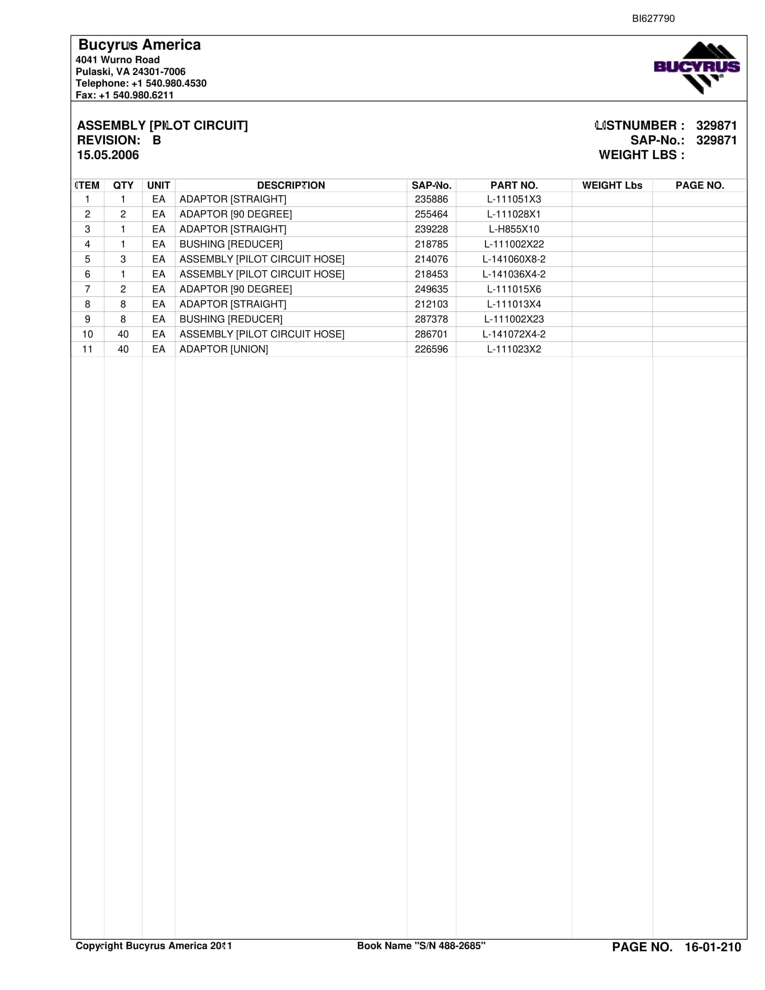 Bucyrus 488-2685 UN-A-TRAC Spare Parts List BI627790-3