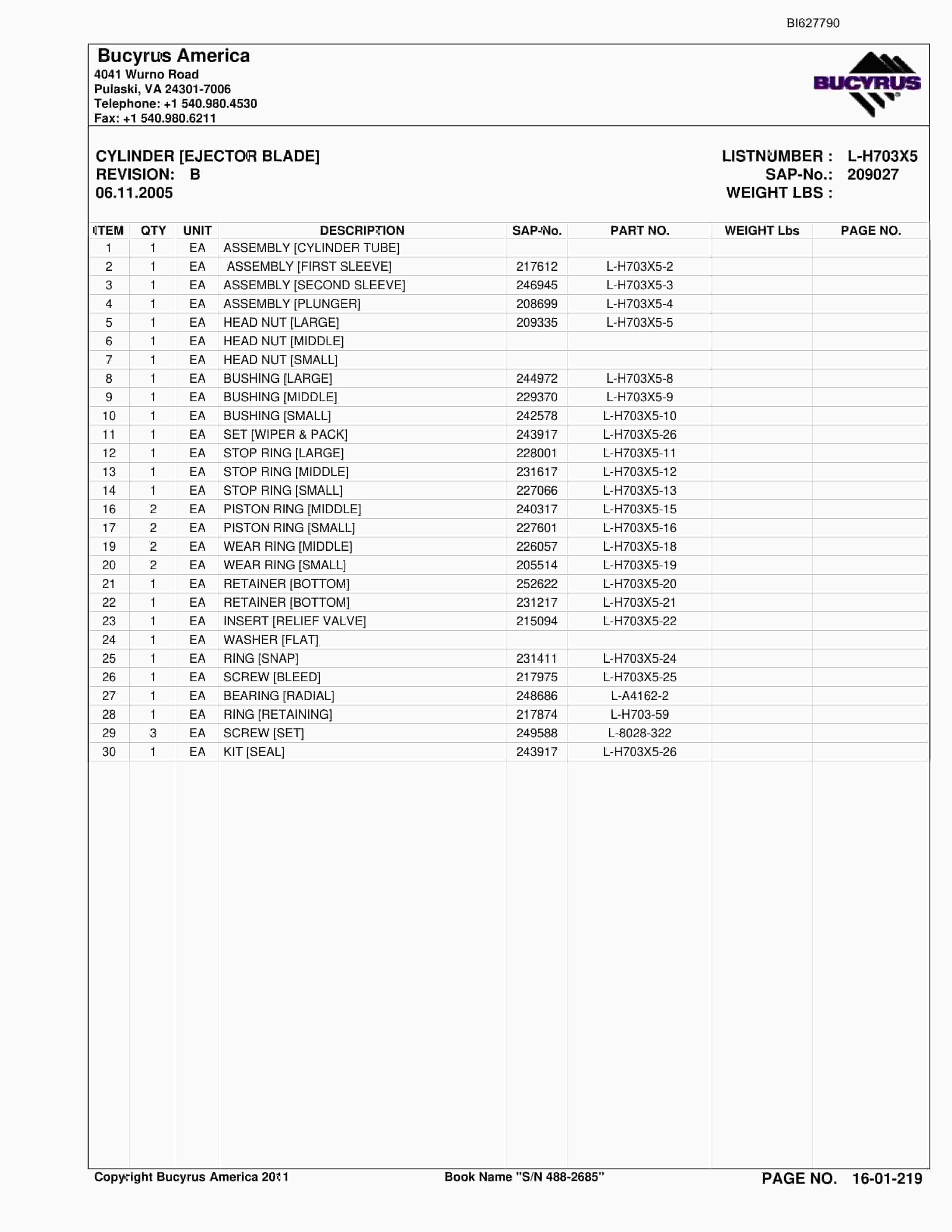 Bucyrus 488-2685 UN-A-TRAC Spare Parts List BI627790-4