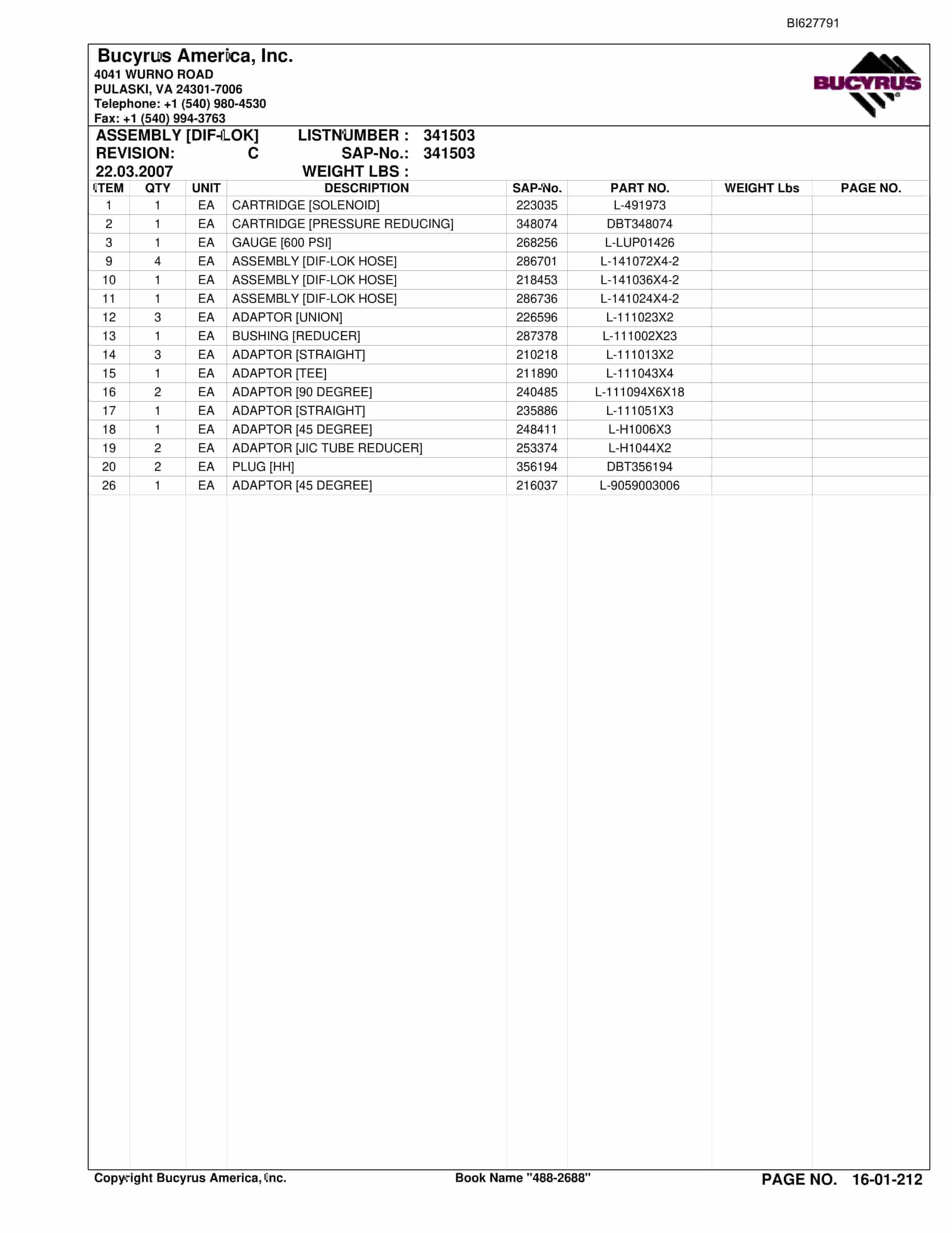 Bucyrus 488-2688 UN-A-TRAC Spare Parts List BI627791-4