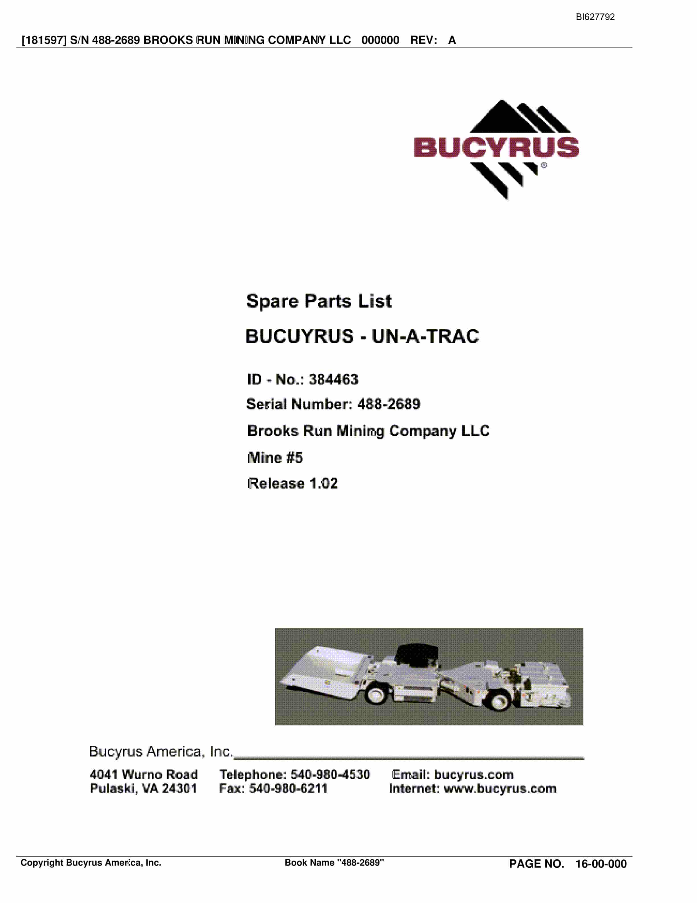 Bucyrus 488-2689 UN-A-TRAC Spare Parts List BI627792