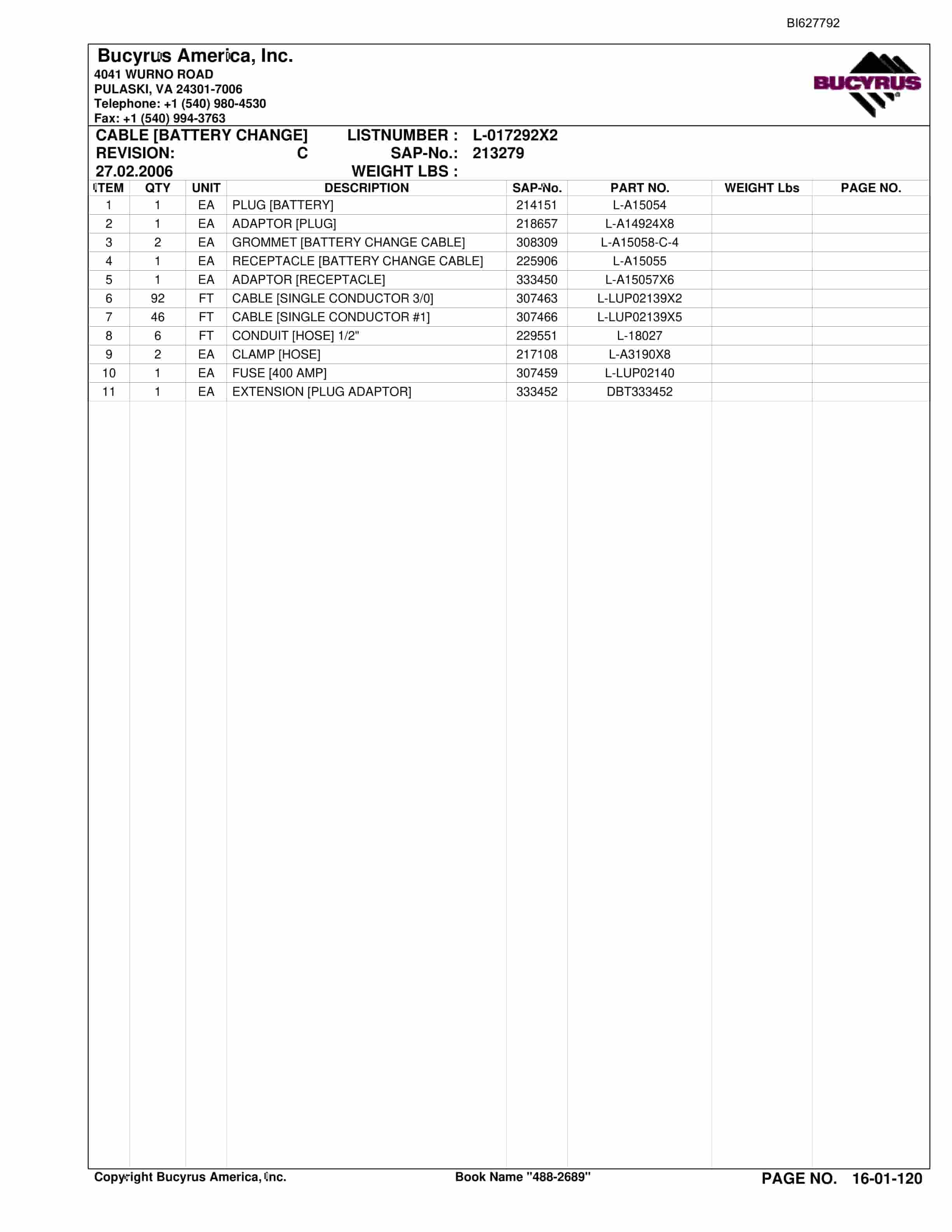 Bucyrus 488-2689 UN-A-TRAC Spare Parts List BI627792-2