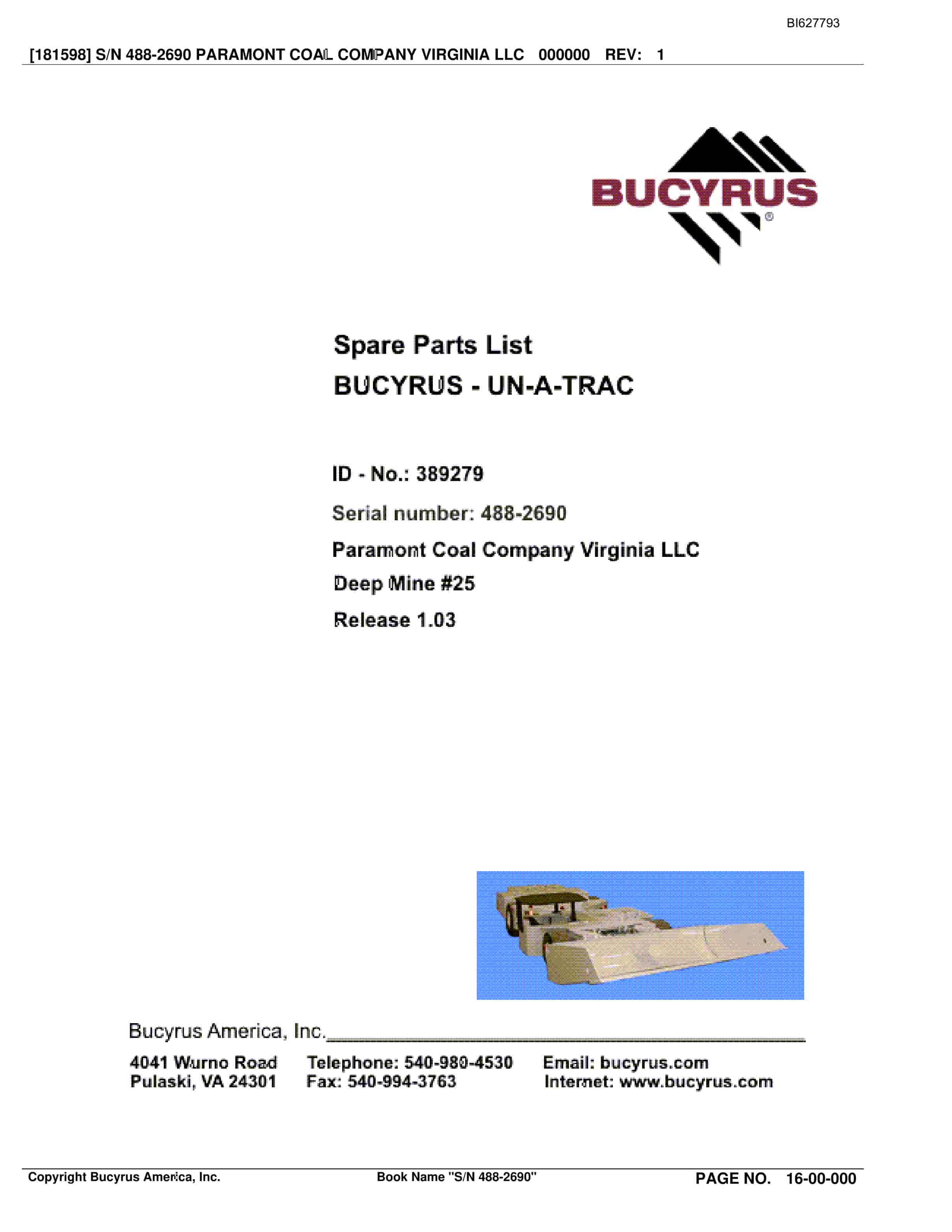 Bucyrus 488-2690 UN-A-TRAC Spare Parts List BI627793