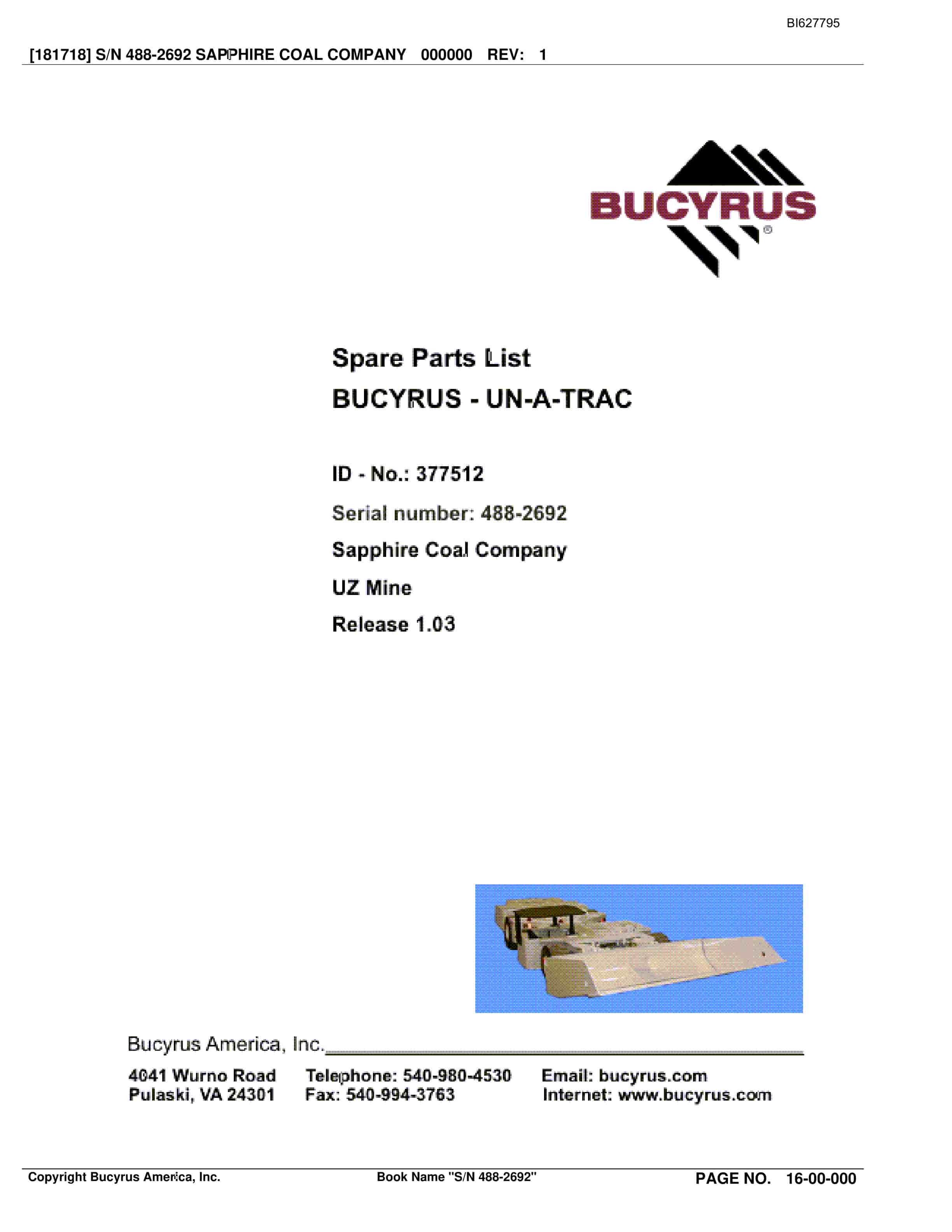 Bucyrus 488-2692 UN-A-TRAC Spare Parts List BI627795