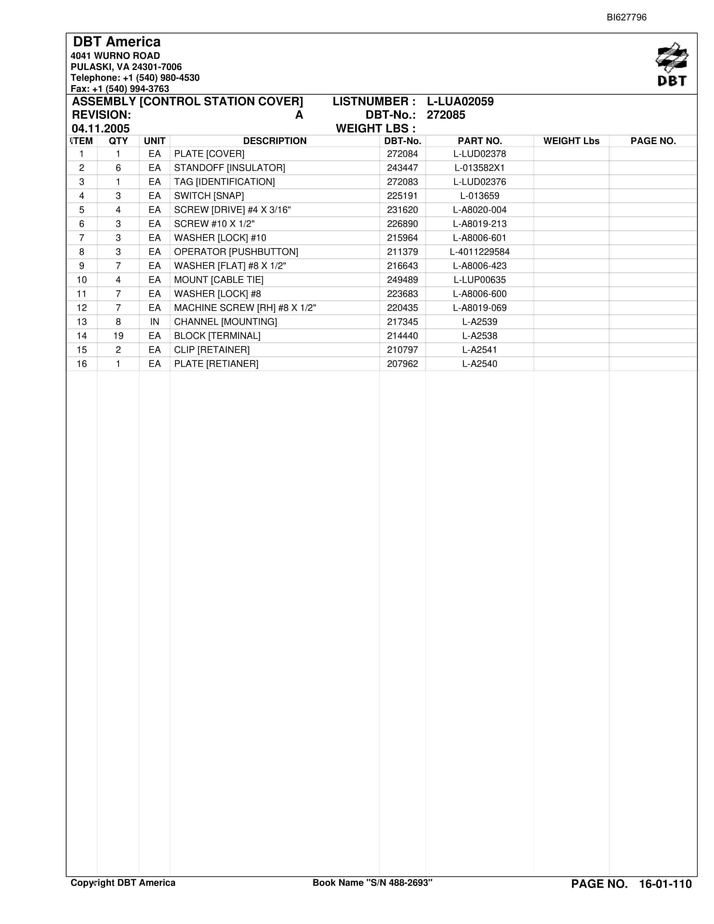 Bucyrus 488-2693 UN-A-TRAC Parts Catalog BI627796-2