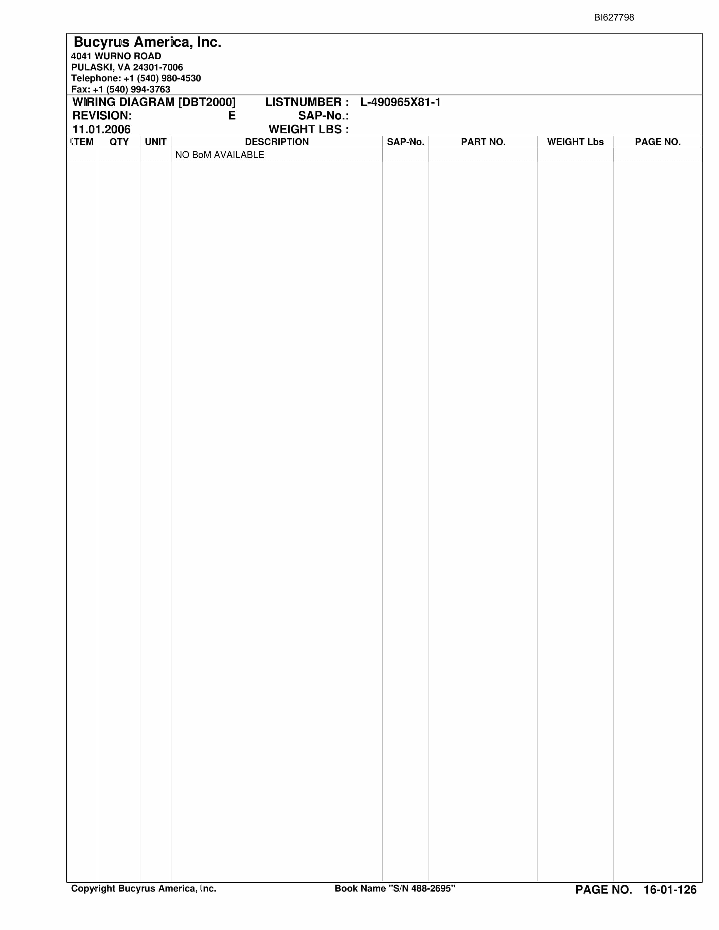 Bucyrus 488-2695 UN-A-TRAC Spare Parts List BI627798-2