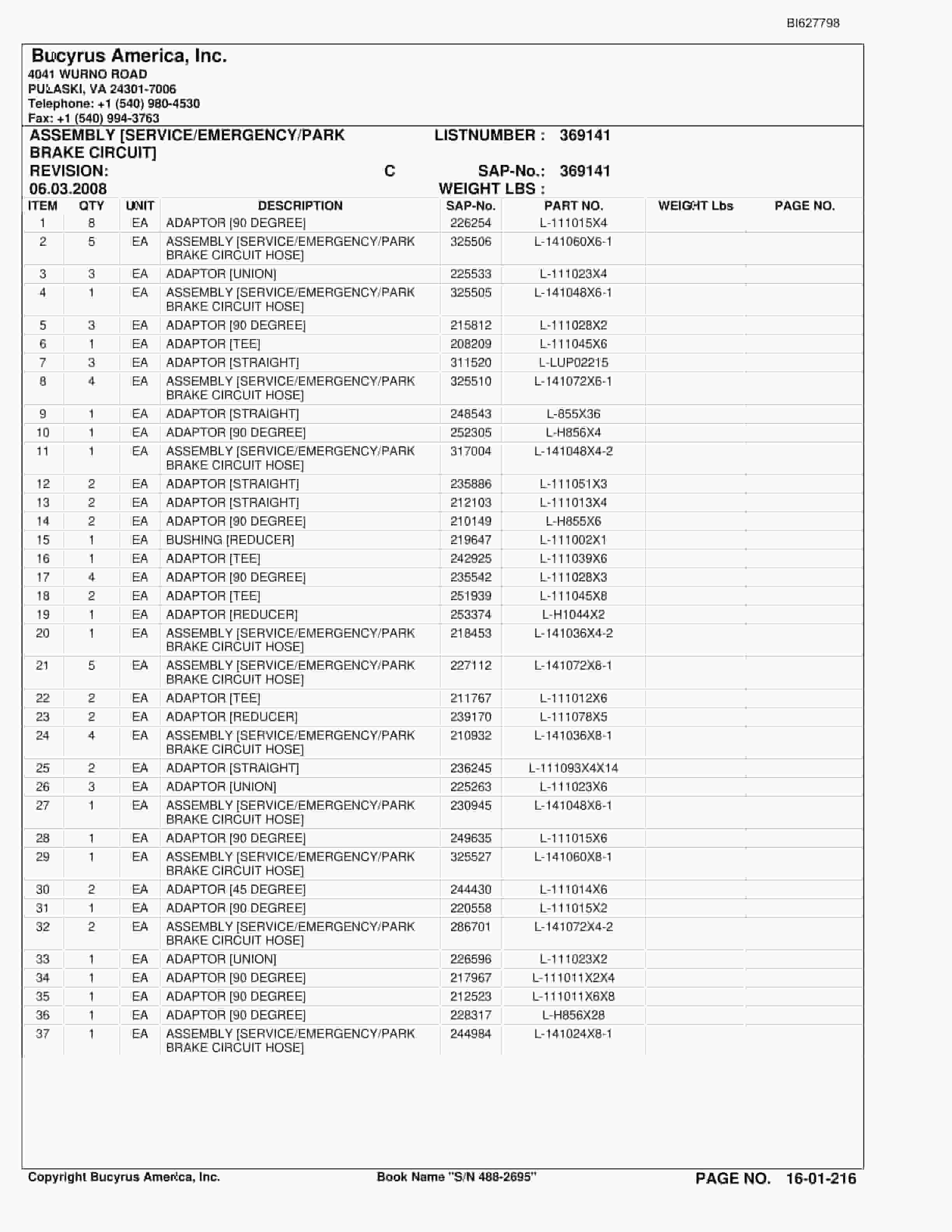 Bucyrus 488-2695 UN-A-TRAC Spare Parts List BI627798-3