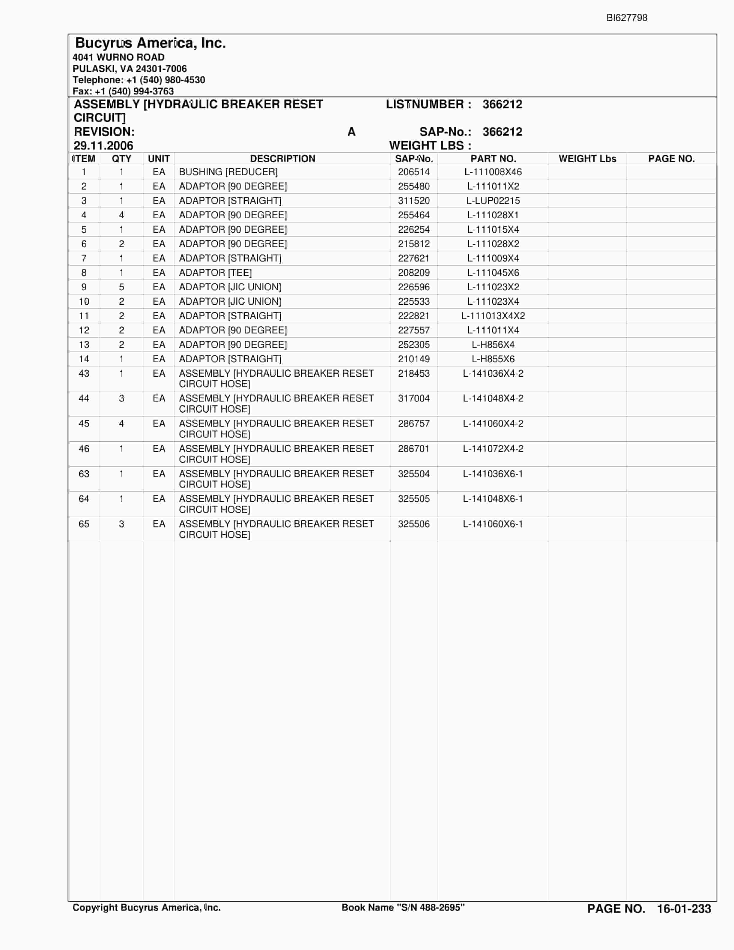 Bucyrus 488-2695 UN-A-TRAC Spare Parts List BI627798-5