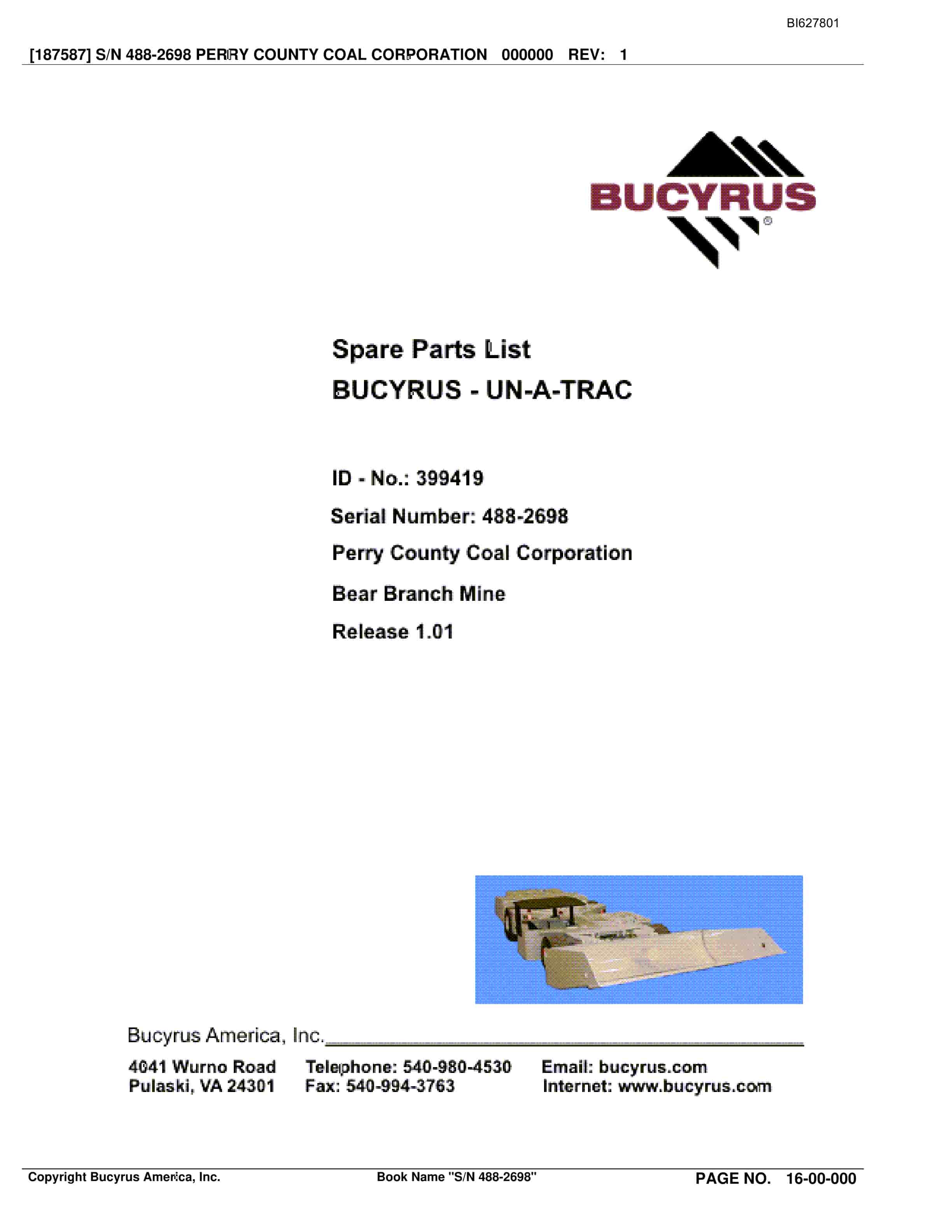 Bucyrus 488-2698 UN-A-TRAC Spare Parts List BI627801