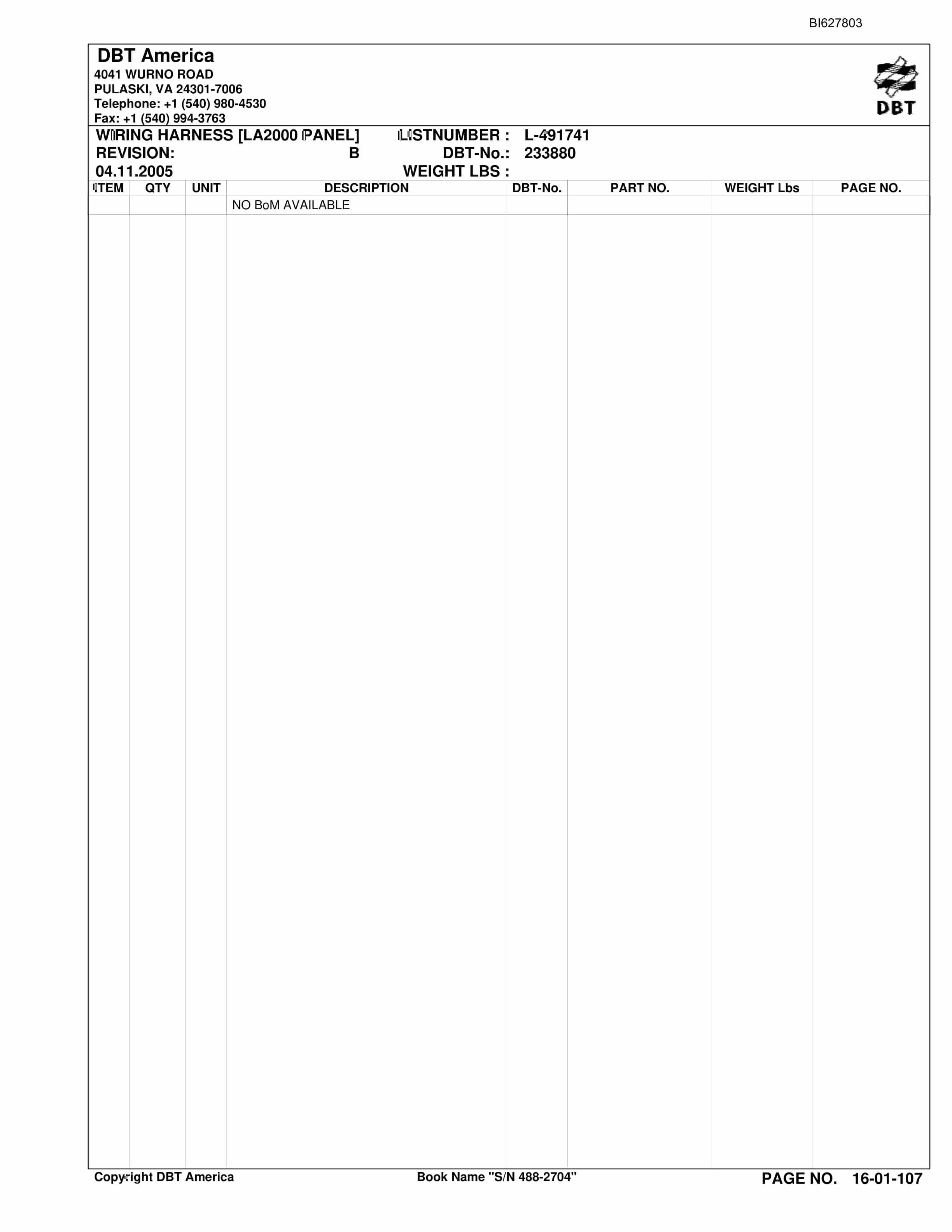 Bucyrus 488-2704 UN-A-TRAC Parts Catalog BI627803-2