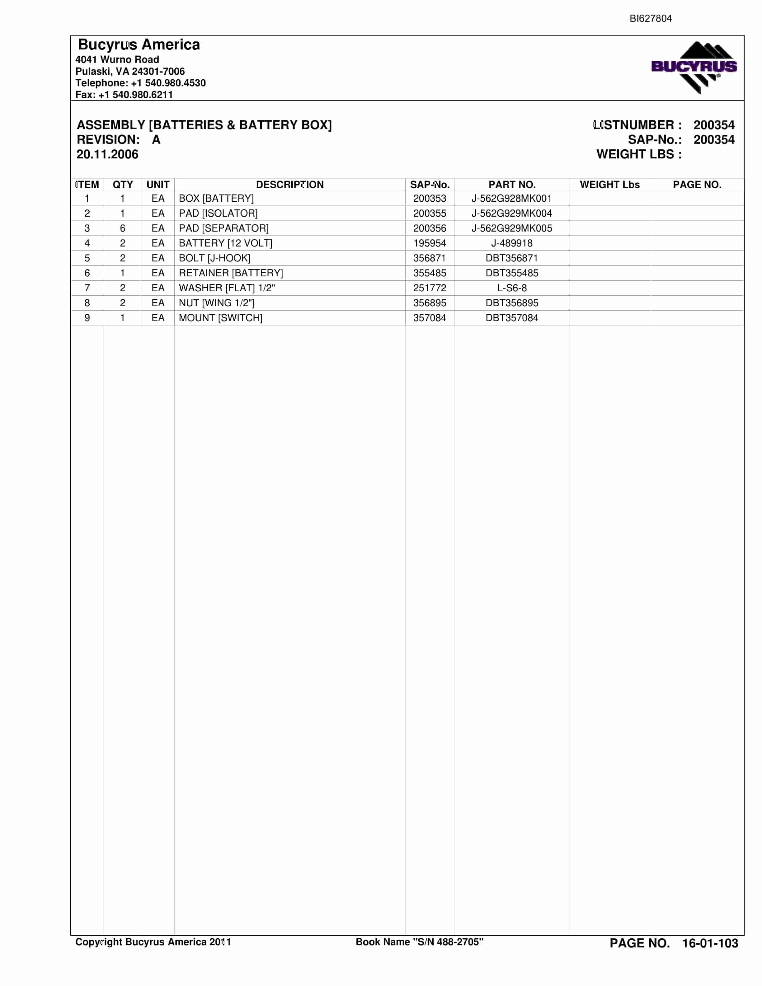 Bucyrus 488-2705 UN-A-TRAC Spare Parts List BI627804-2