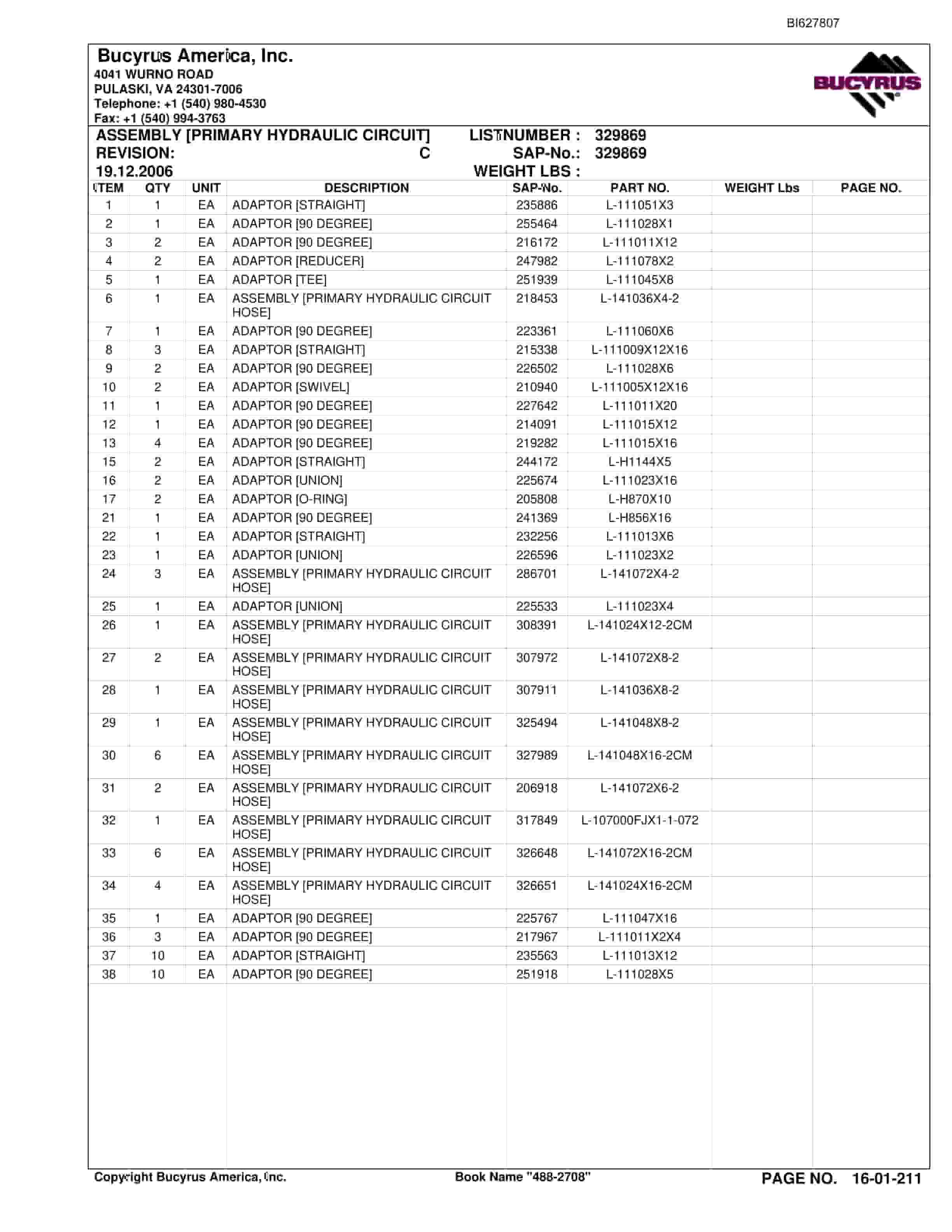 Bucyrus 488-2708 UN-A-TRAC Spare Parts List BI627807-3