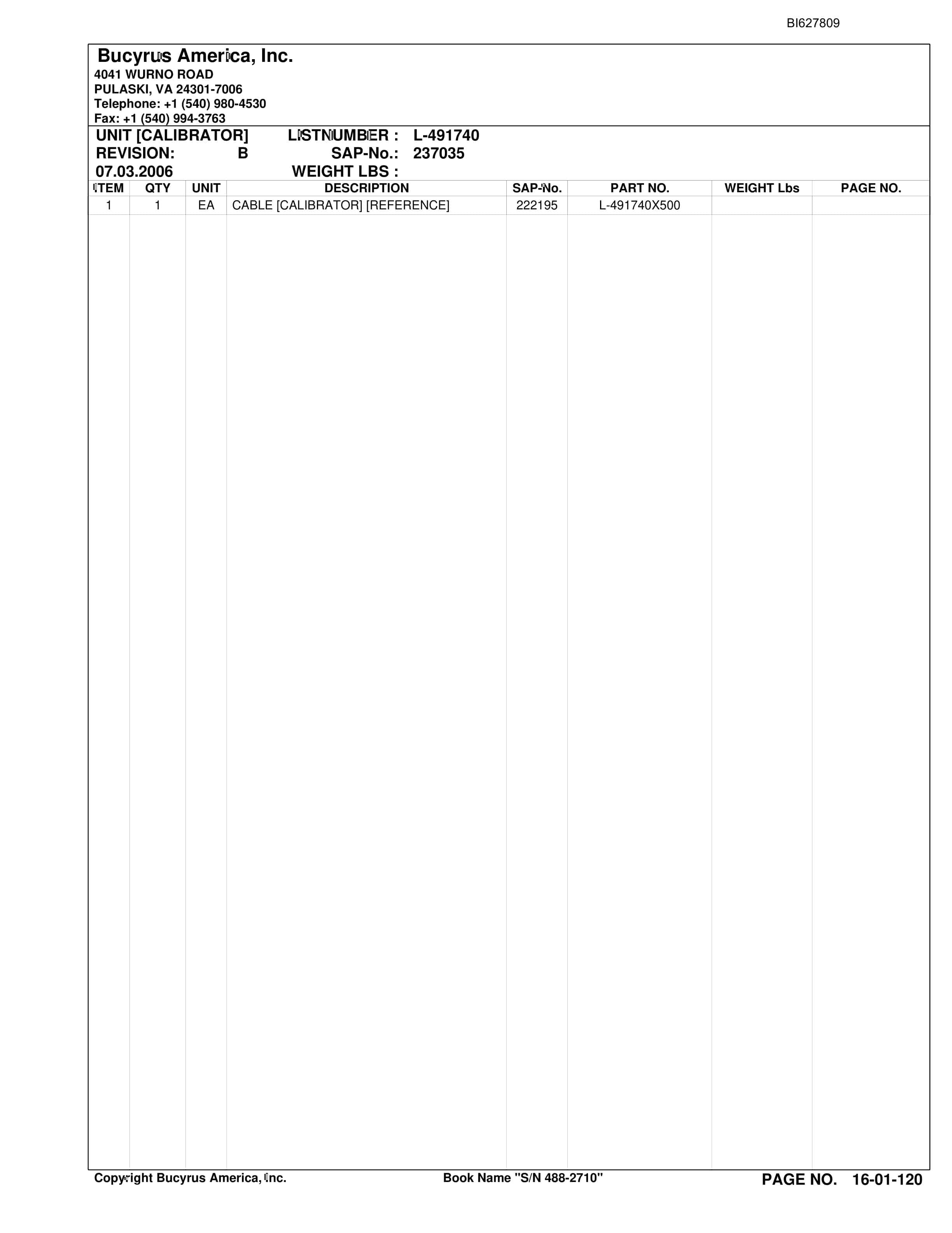 Bucyrus 488-2710 UN-A-TRAC Spare Parts List BI627809-2