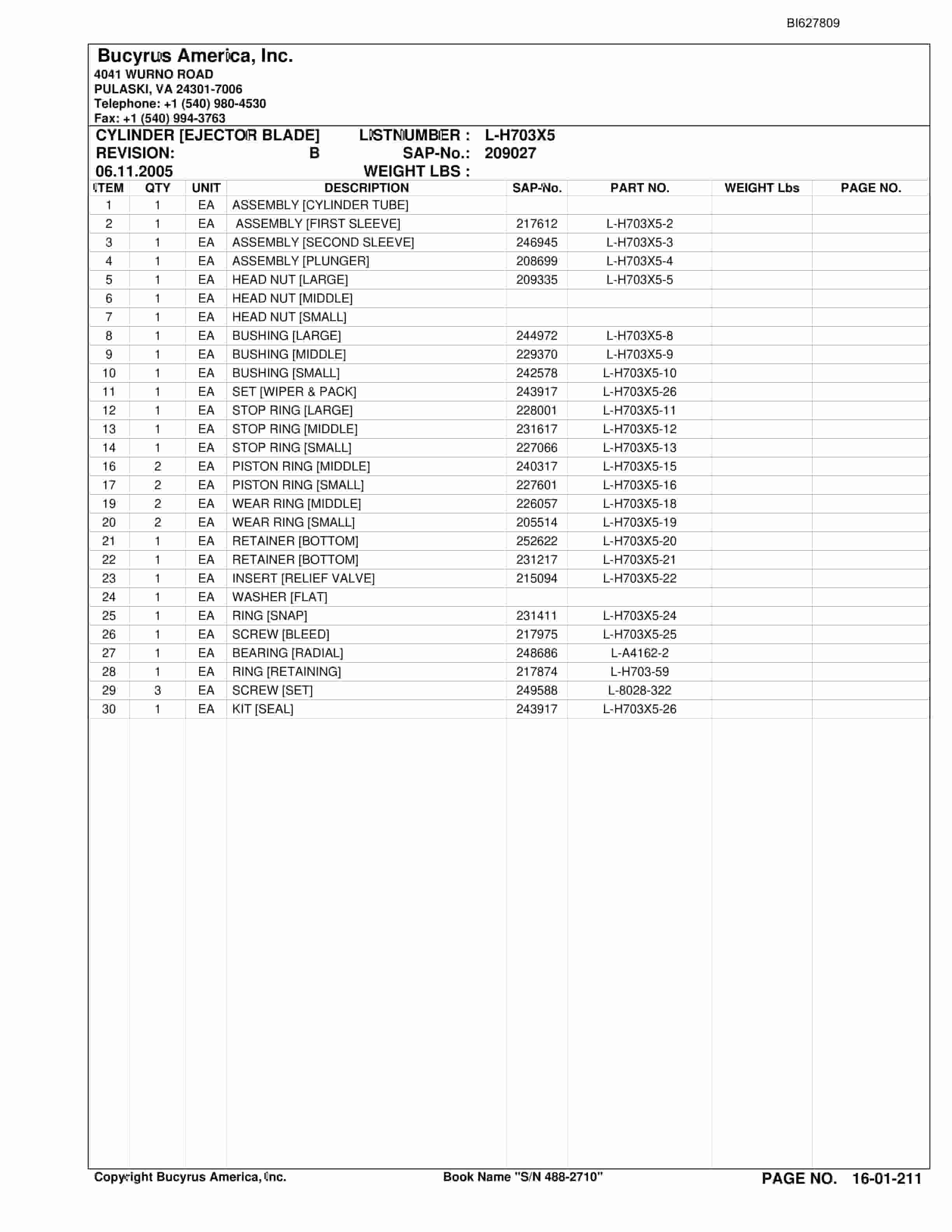 Bucyrus 488-2710 UN-A-TRAC Spare Parts List BI627809-3