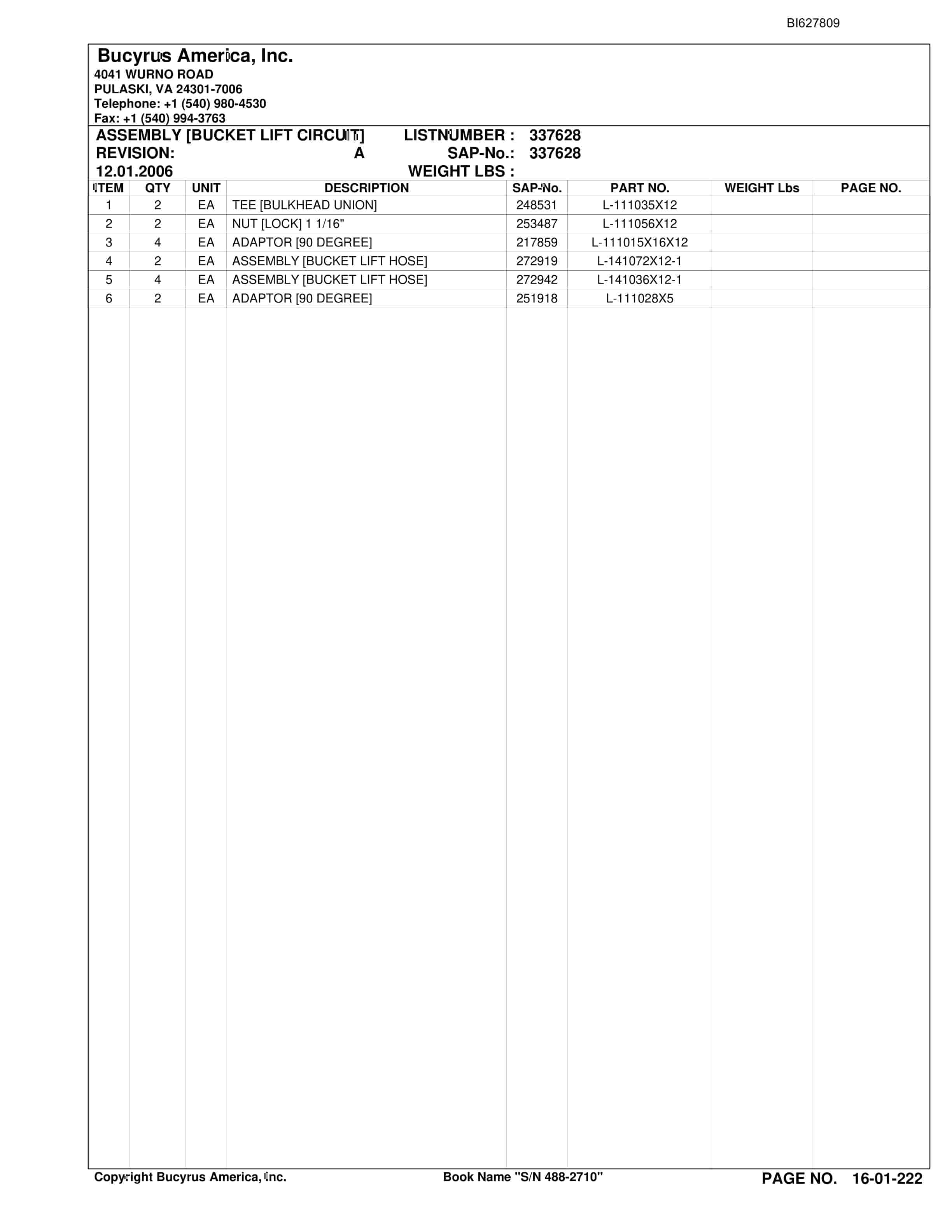 Bucyrus 488-2710 UN-A-TRAC Spare Parts List BI627809-4