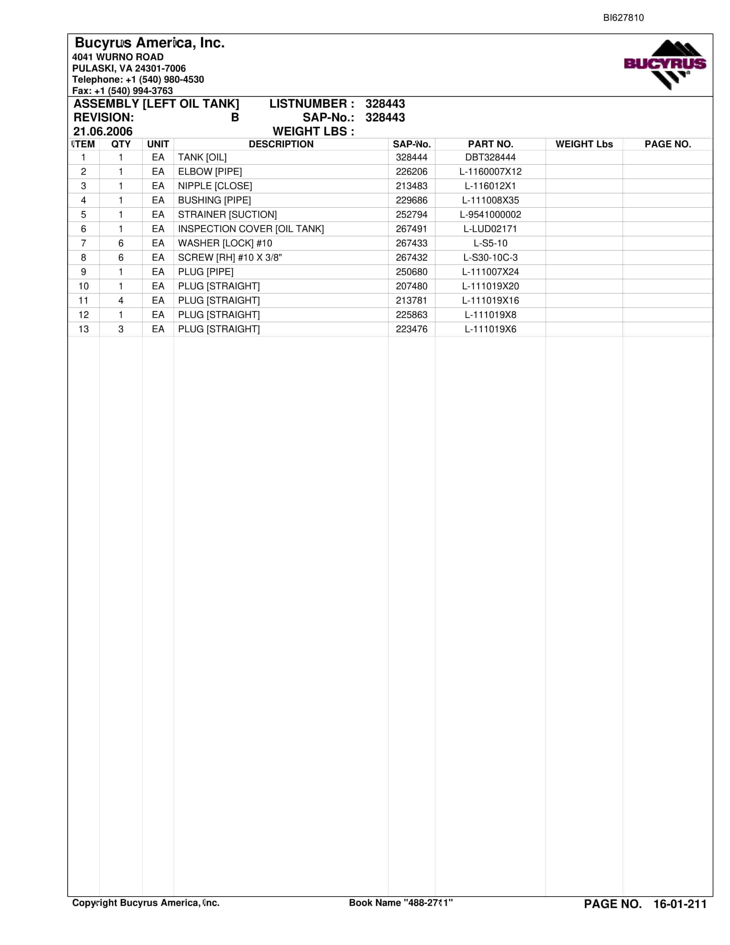 Bucyrus 488-2711 UN-A-TRAC Spare Parts List BI627810-3