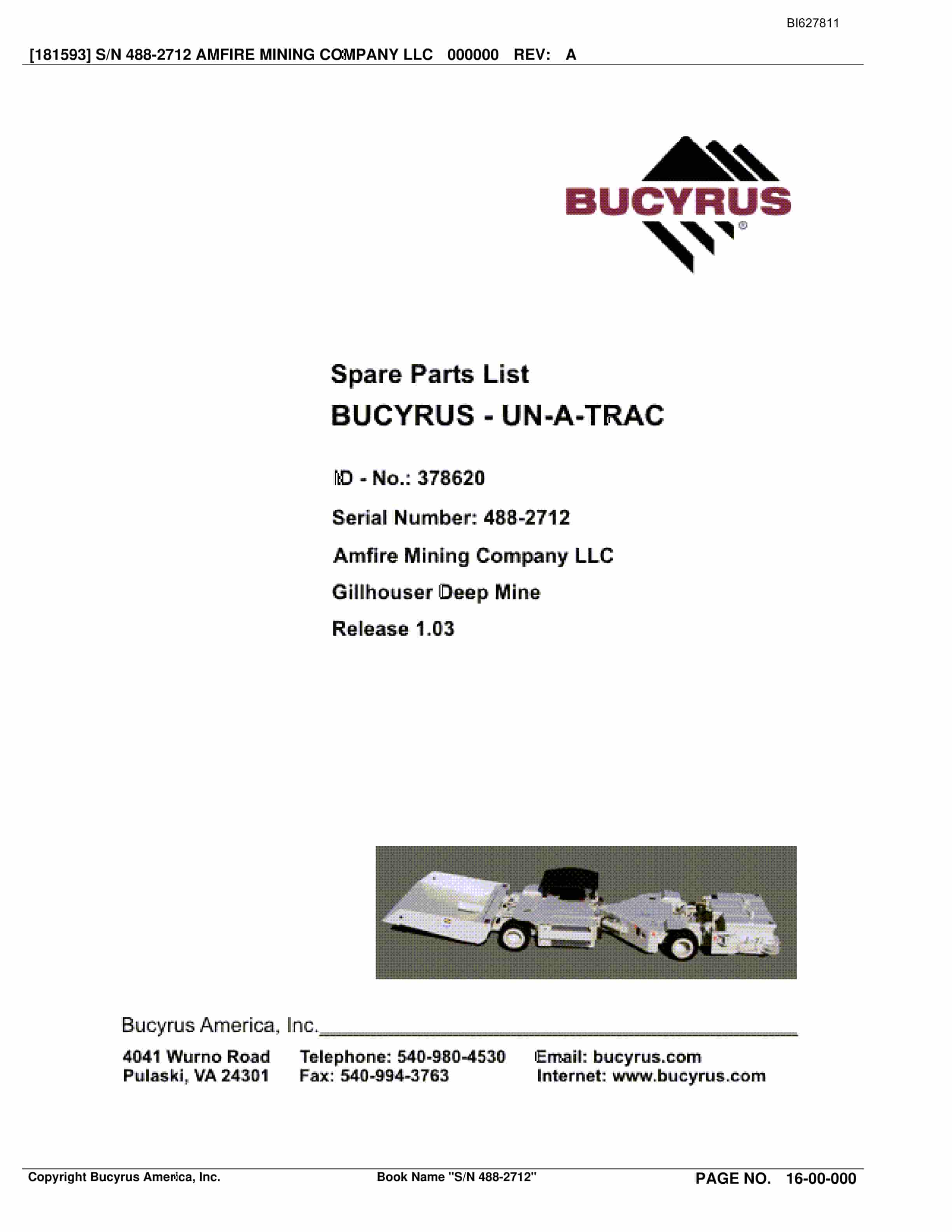 Bucyrus 488-2712 UN-A-TRAC Spare Parts List BI627811