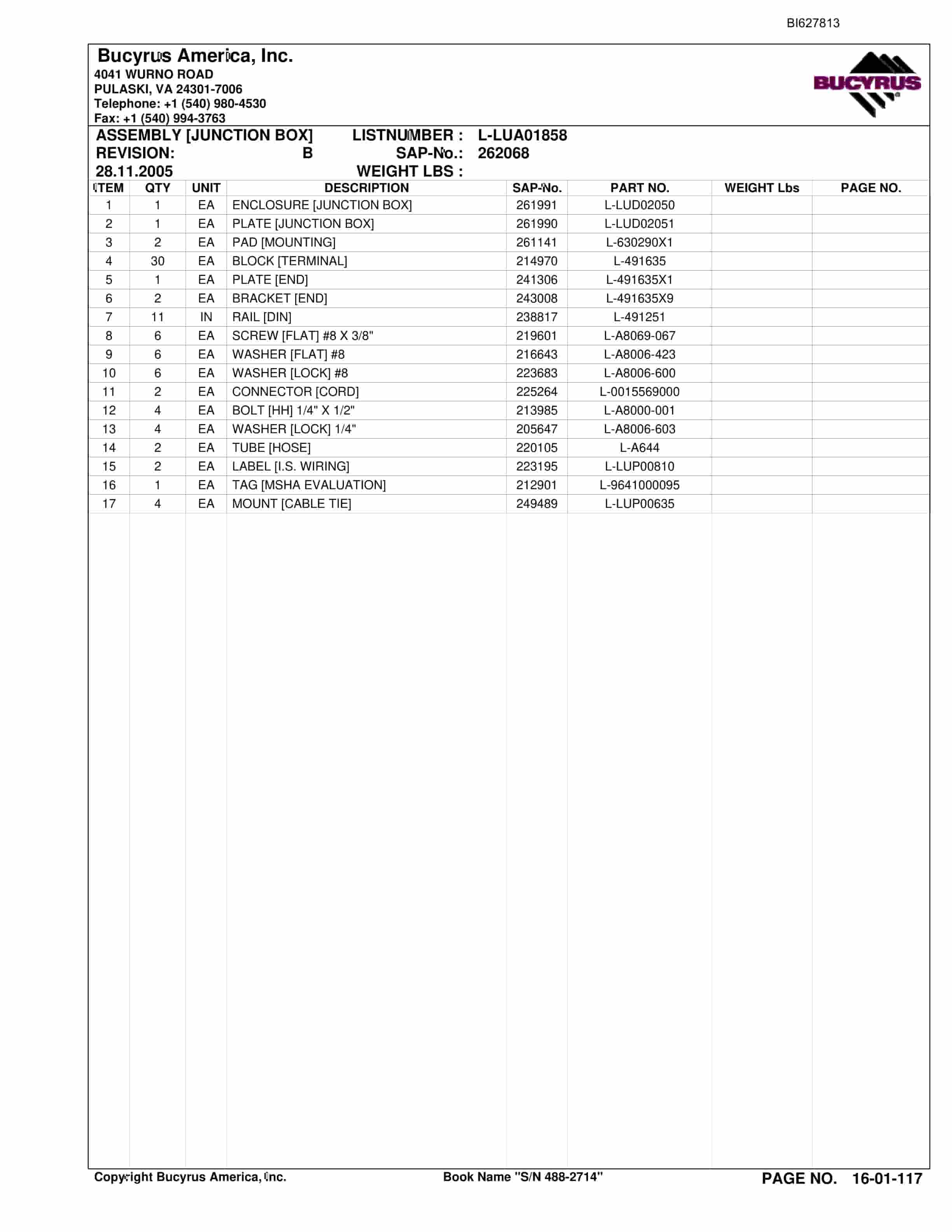 Bucyrus 488-2714 UN-A-TRAC Spare Parts List BI627813-2
