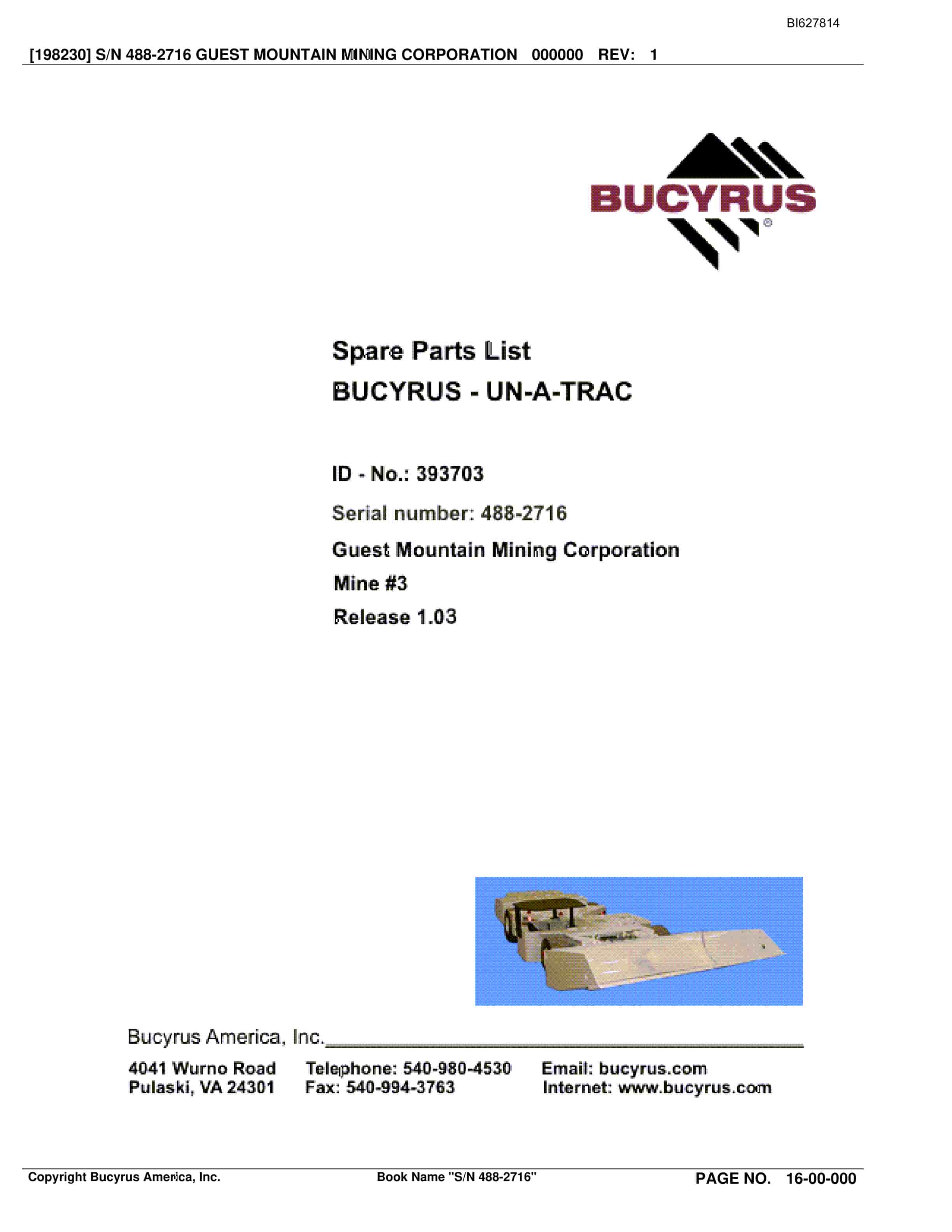 Bucyrus 488-2716 UN-A-TRAC Spare Parts List BI627814