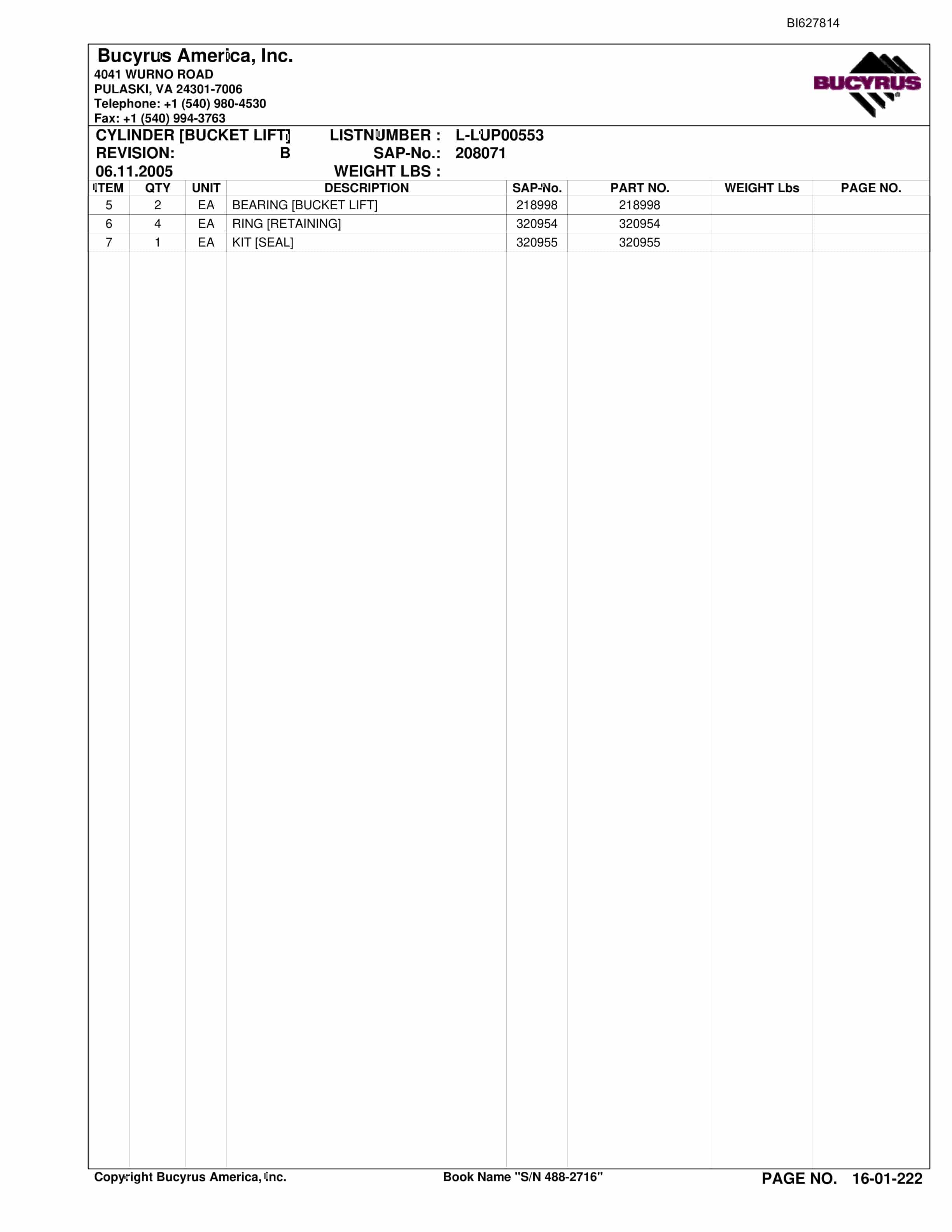 Bucyrus 488-2716 UN-A-TRAC Spare Parts List BI627814-4