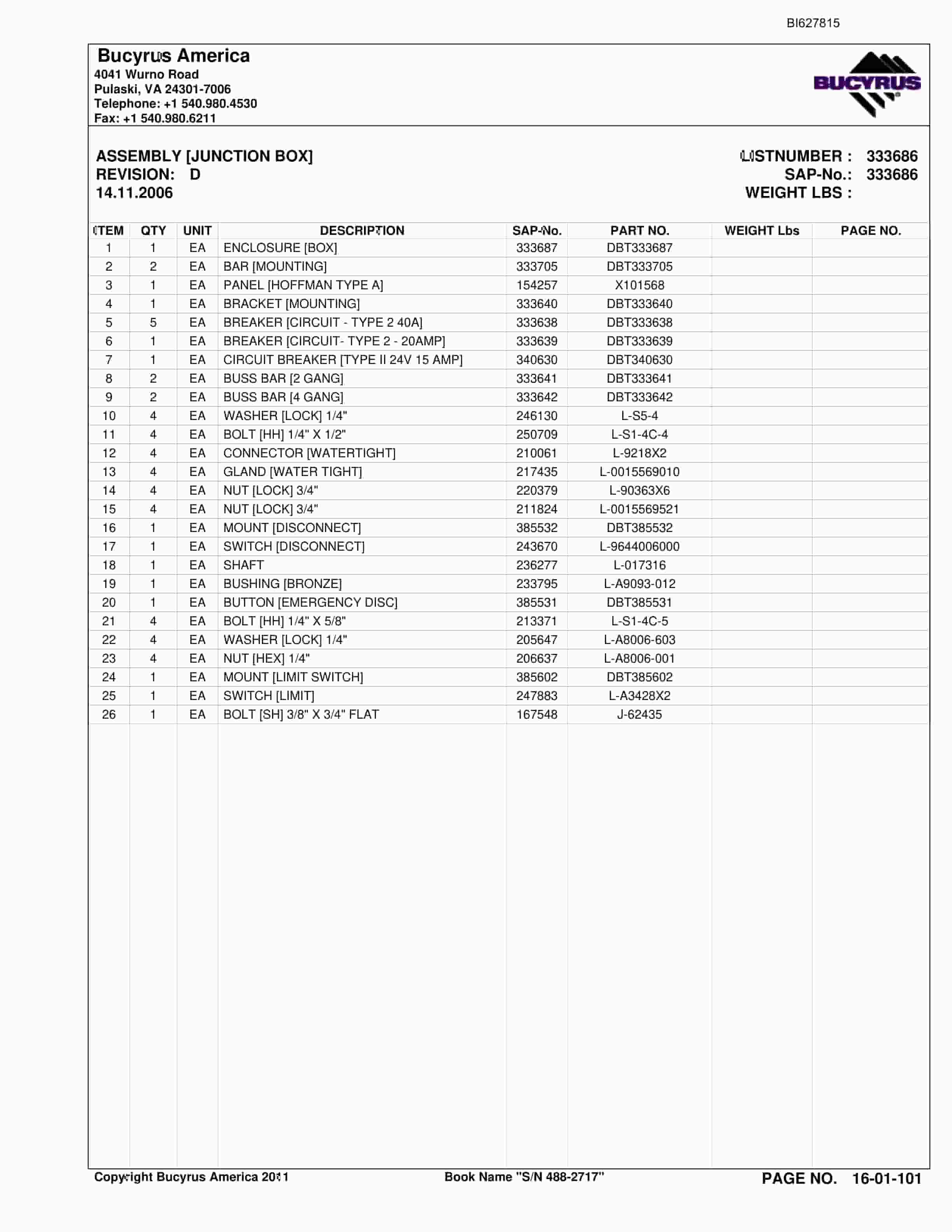 Bucyrus 488-2717 UN-A-TRAC Spare Parts List BI627815-2